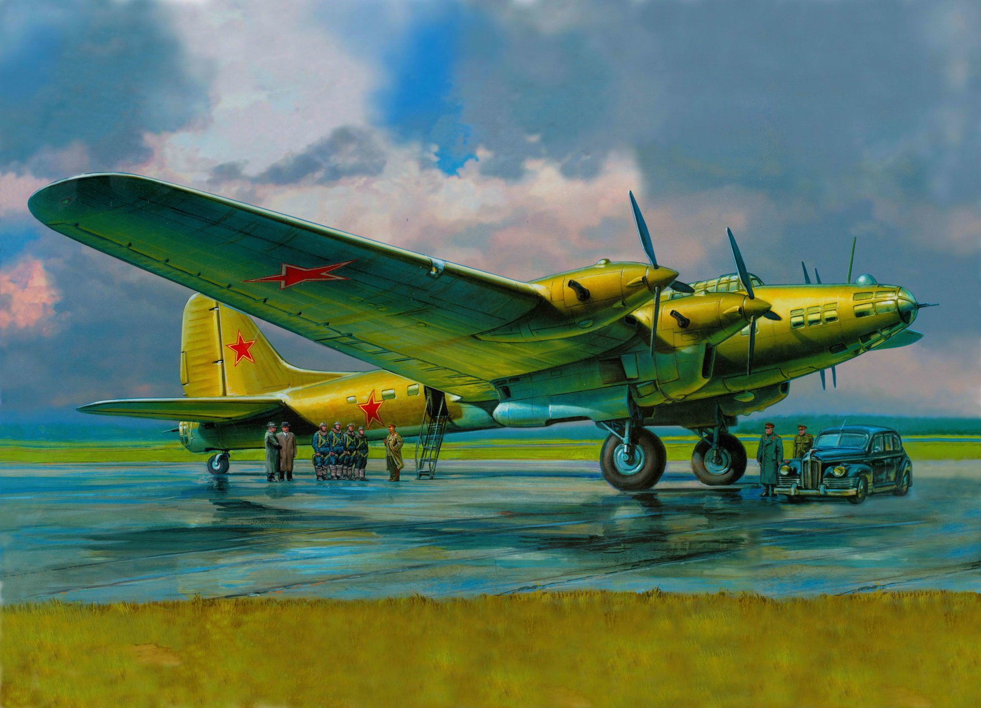 art airport pe-8 soviet four-engine heavy bomber passenger version crew senior officials war car sky clouds bob picture