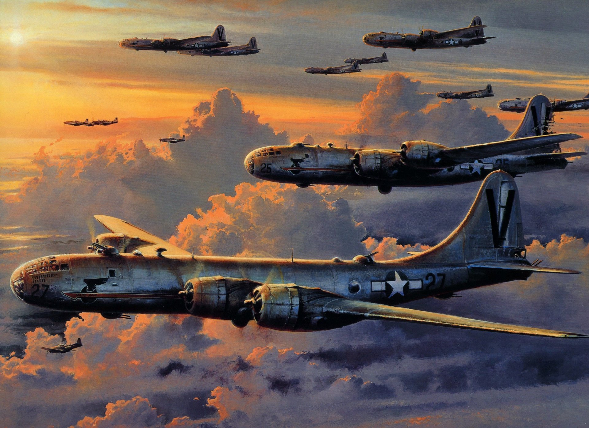 ciel nuages américain stratégique bombardiers boeing b-29 superfortress seconde guerre mondiale dessin