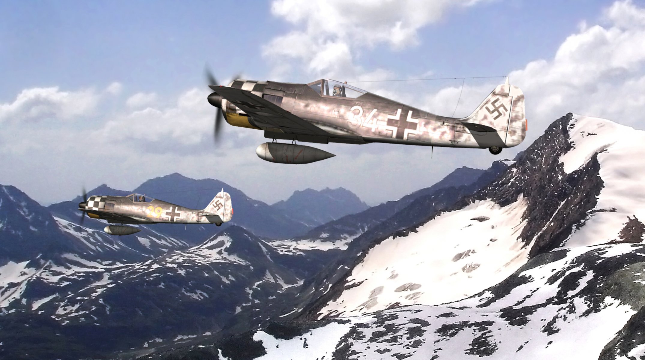 art sky focke wulf fw-190 german fighter-bombers mountain tops snow ww2 picture