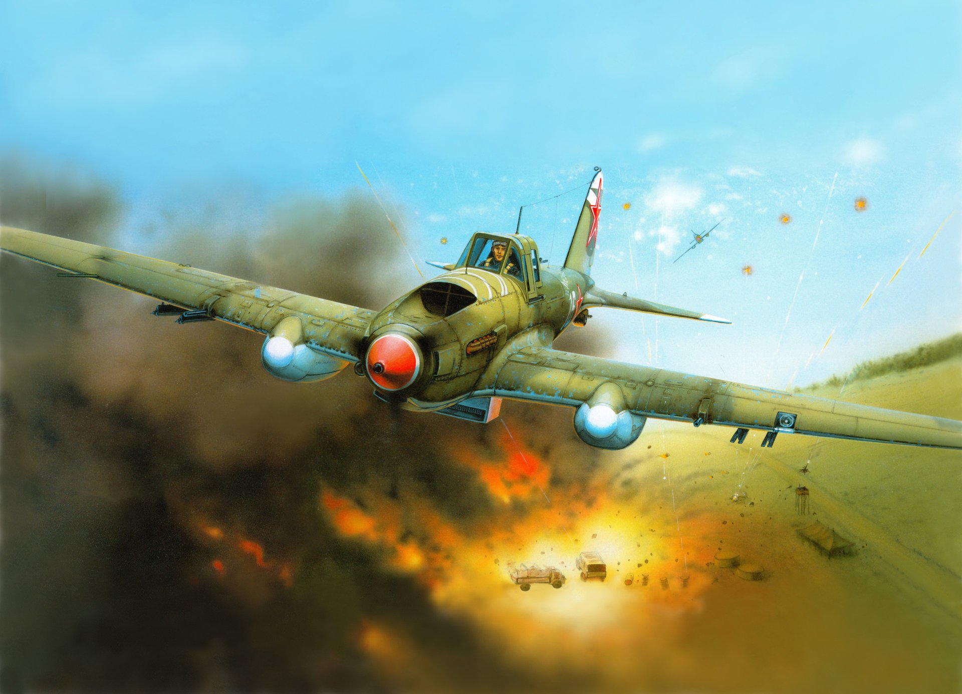 arte aereo il-2m sovietico aereo d attacco attacco colonna tedesco autobronetech esplosioni fuoco fumo seconda guerra mondiale disegno