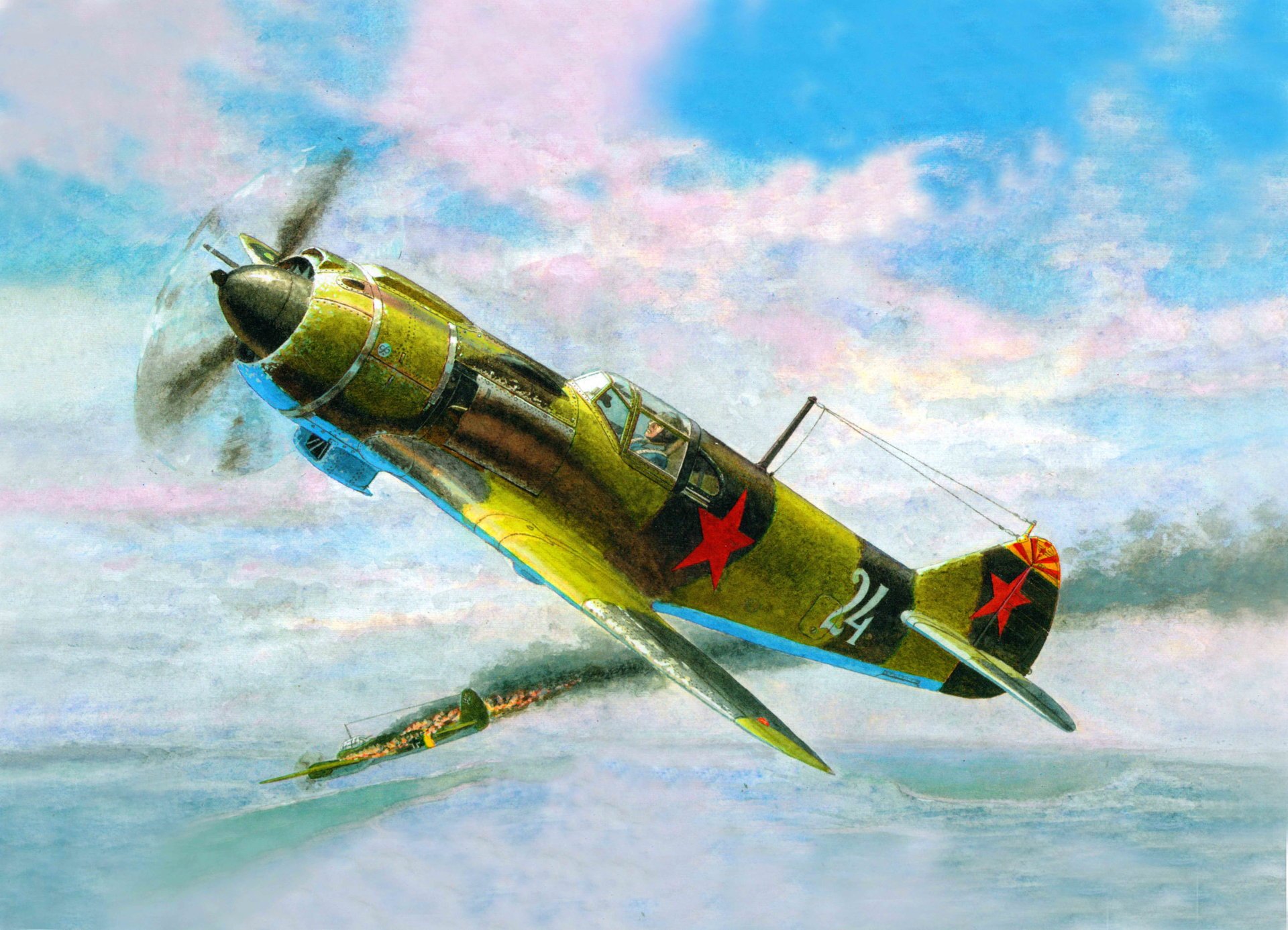 figure ciel air combat la-5 soviétique combattant abattu allemand bombardier yu-88 grande guerre patriotique