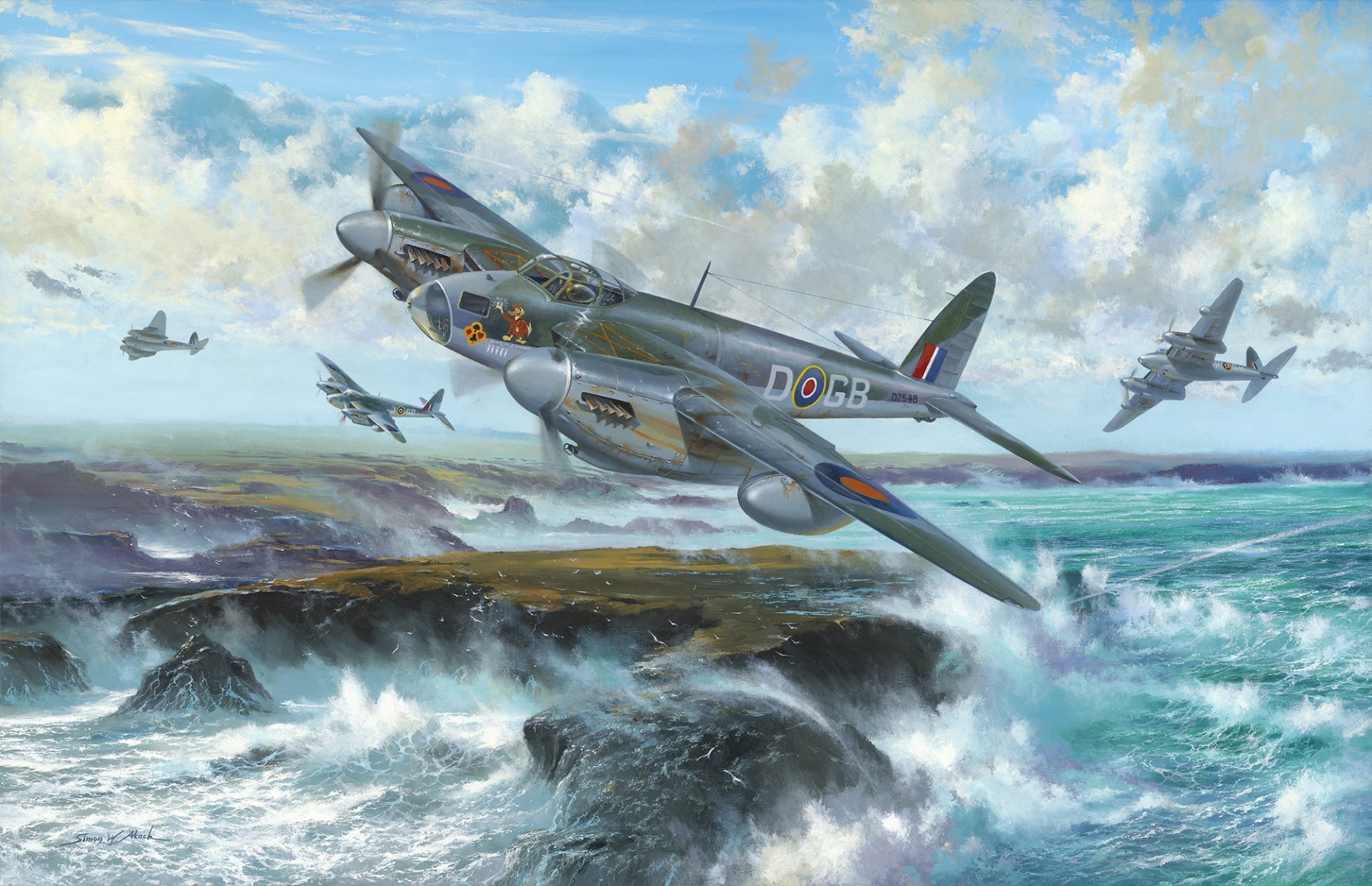 de havilland mosquito combattente britannico aereo britannico guerra arte ww2 pittura aereo combattimento corpo a corpo