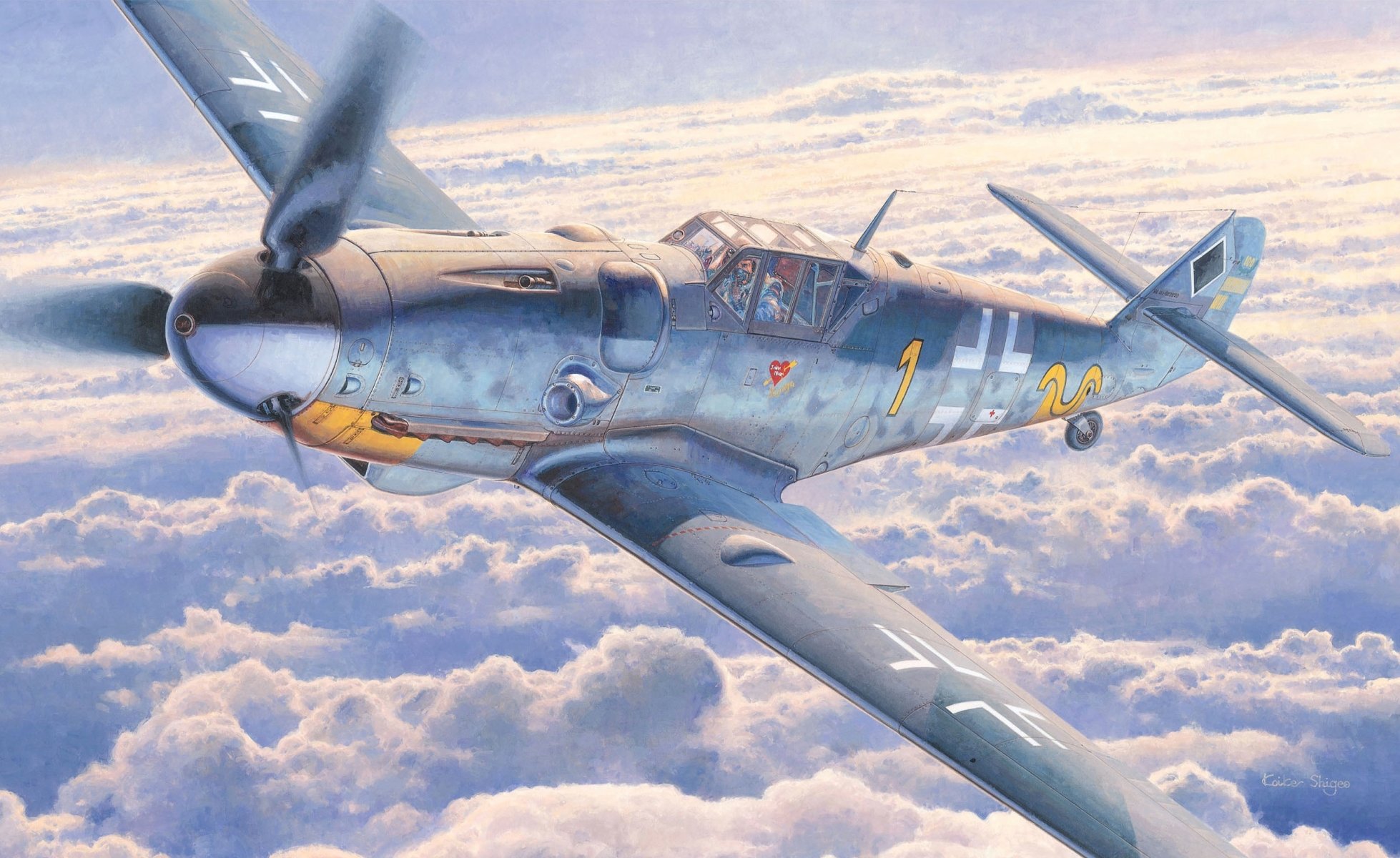 kunst himmel wolken deutsch einmotorig kolben kämpfer messerschmitt bf-109 g-6 eric-alfred-hartmann-flugzeug ww2 zeichnung