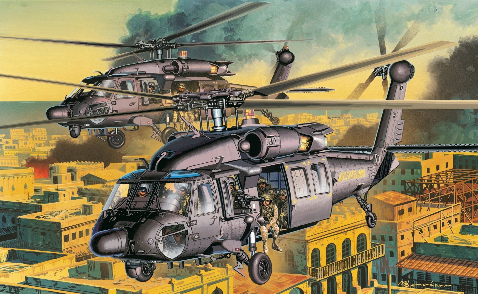 art ville rues hélicoptère ah-60 américain choc hélicoptères soldats des forces spéciales dessin