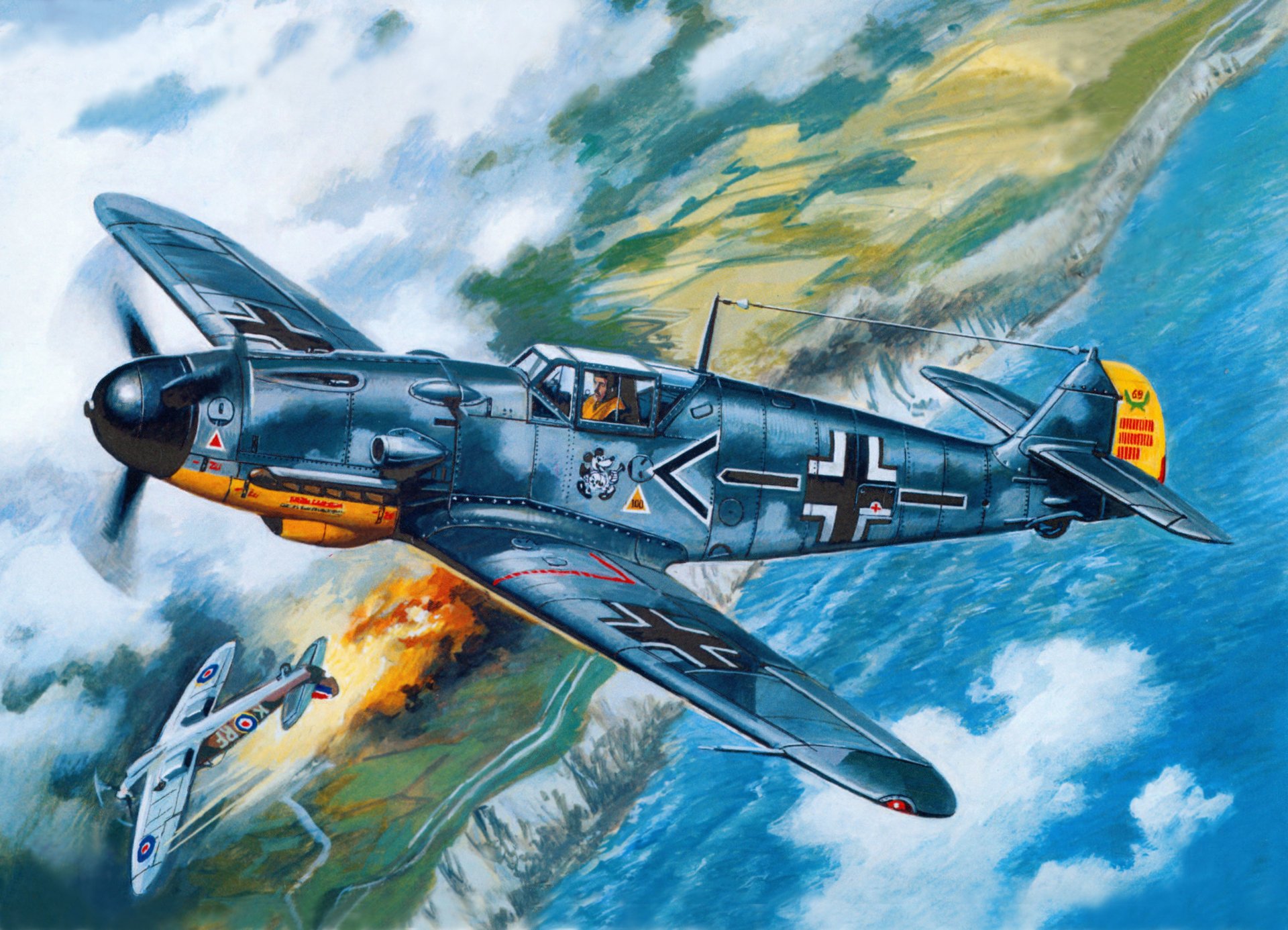 arte cielo aéreo combate bf-109f - 2 / u2 monomotor pistón luchador alemán acca a. galland y supermarine spitfire inglés tierra costa agua ww2 figura