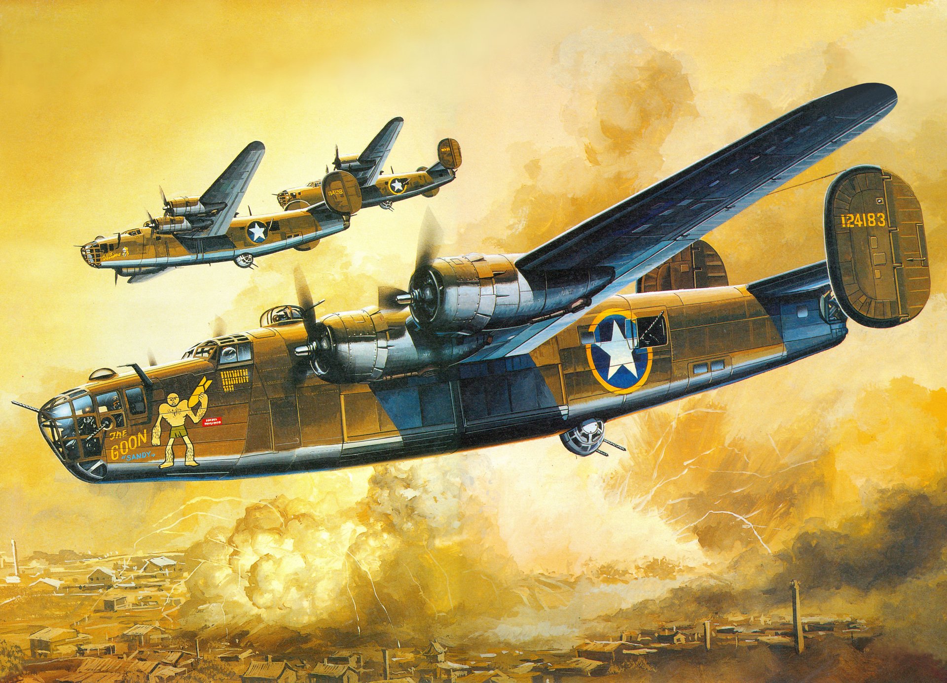 arte b-24d liberator americano bombarderos tierra ciudad bombardeo explosiones humo ww2 dibujo