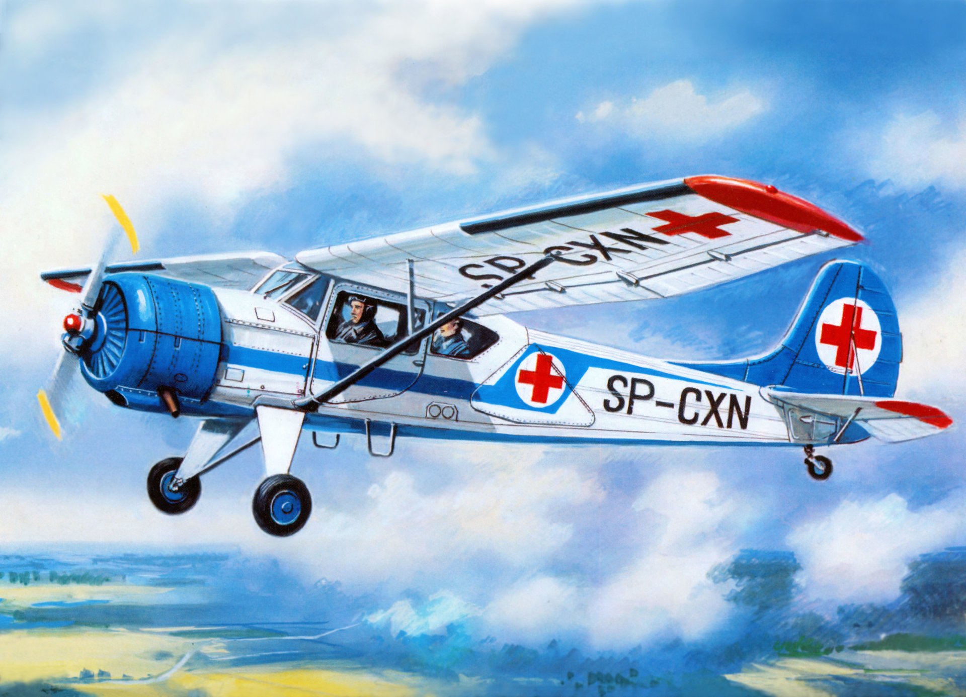 arte yak-12a soviético pasajeros multiusos avión cielo nubes dibujo