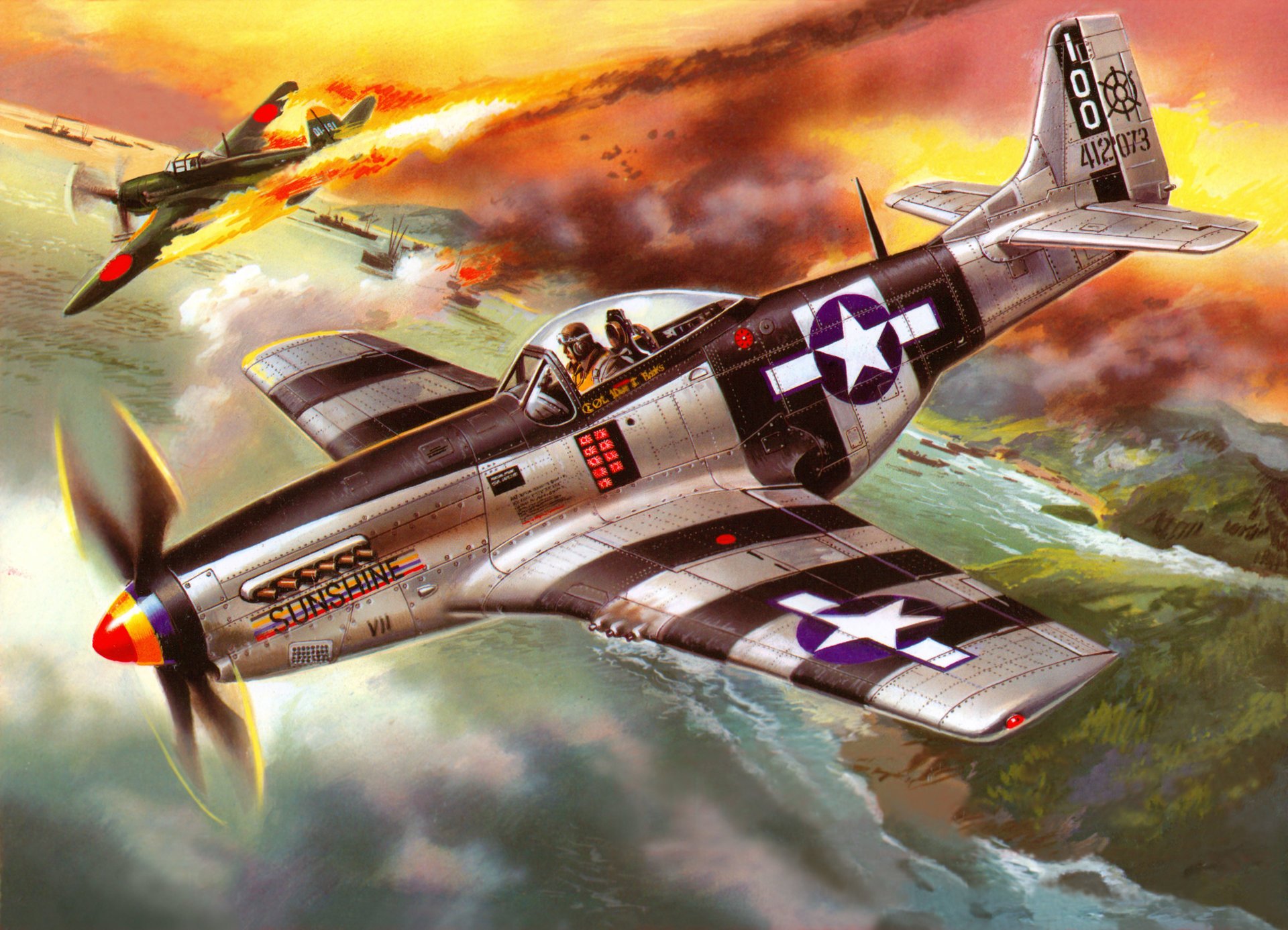 art ciel p-51k américain combattant abattu japonais avion eau baie navires ww2 dessin