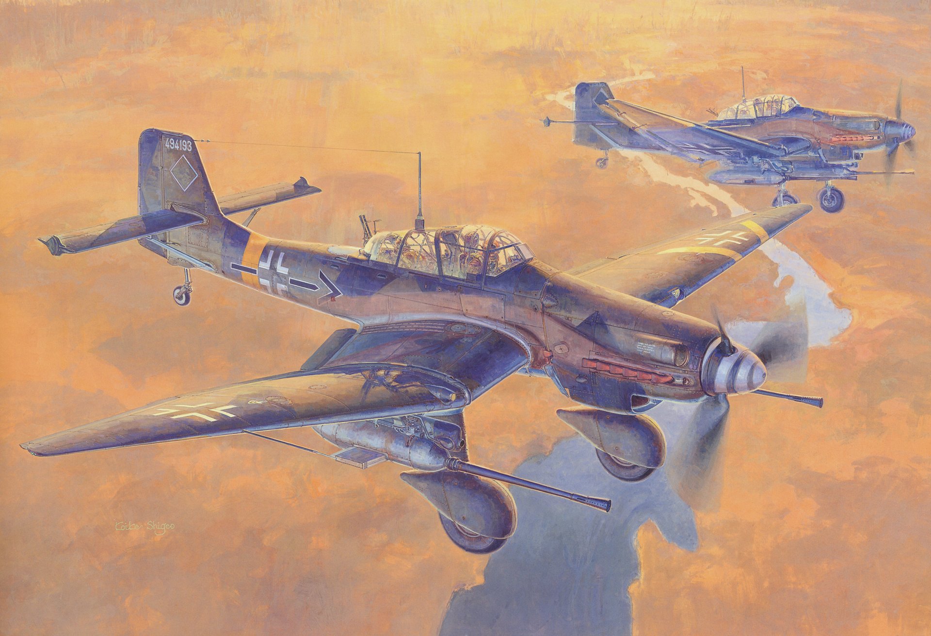 art sky junkers ju 87 g german single-engine apartments dive bombers to 37 mm guns bk 37 land river ww2 picture