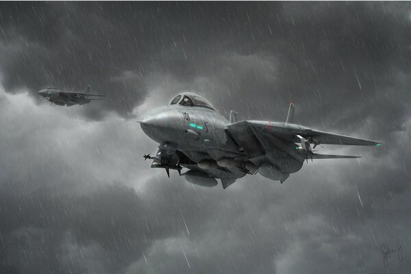 Interceptor jet flies in the rain