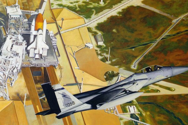 Die f-15 Eagle fliegt über den Startplatz des Space Shuttles. Zeichnung auf dem Desktop