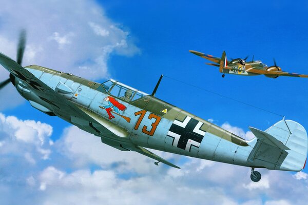 Dessin d art du chasseur allemand me-109 dans le ciel