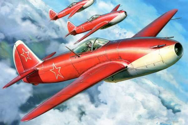 A beautiful drawing of the YAK-15 in the clouds on the desktop