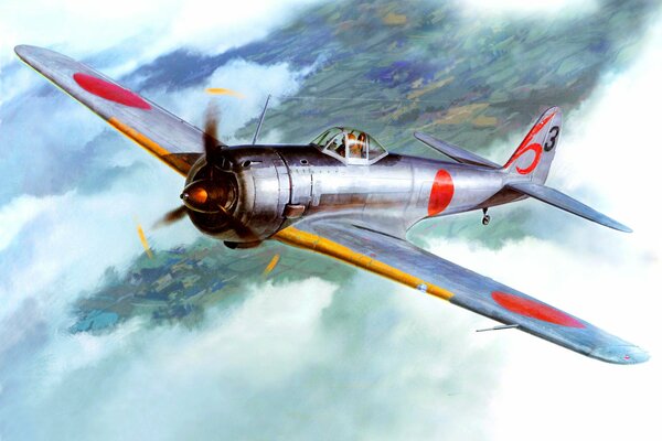 Disegno del combattente Giapponese Ki - 43 nel cielo