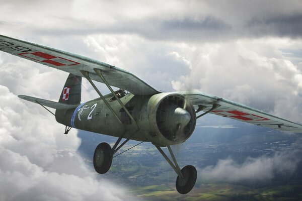 Drawing of a Polish ww2 single-engine fighter in the sky