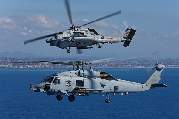 A pair of multi-purpose seahawk helicopters