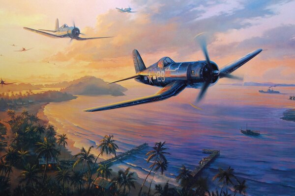 La pittura, il silenzio della pittoresca laguna sono disturbati dagli aerei americani F4U corsair. Guerra del Pacifico. di