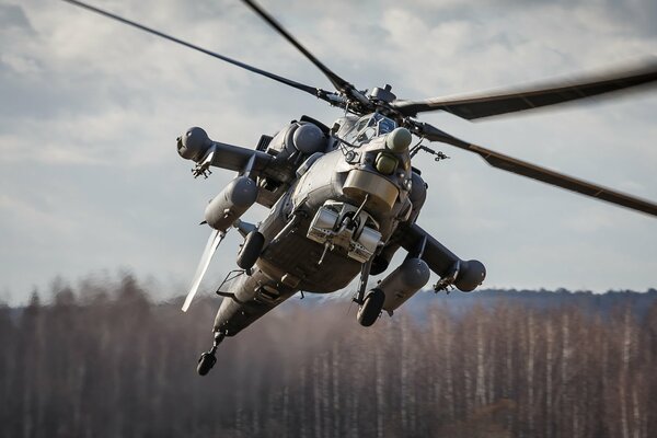 Militärhubschrauber fliegt über Wald und löscht Feuer