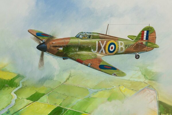 Drawing of a British fighter flying over the fields