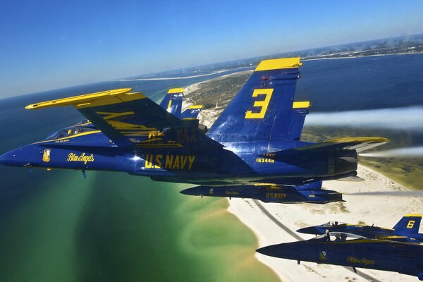 Flying blue angels planes formed a delta