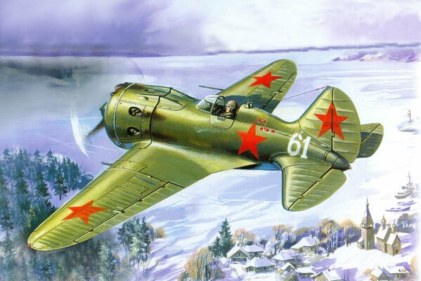 Drawing of the Soviet I-16 on the winter forest