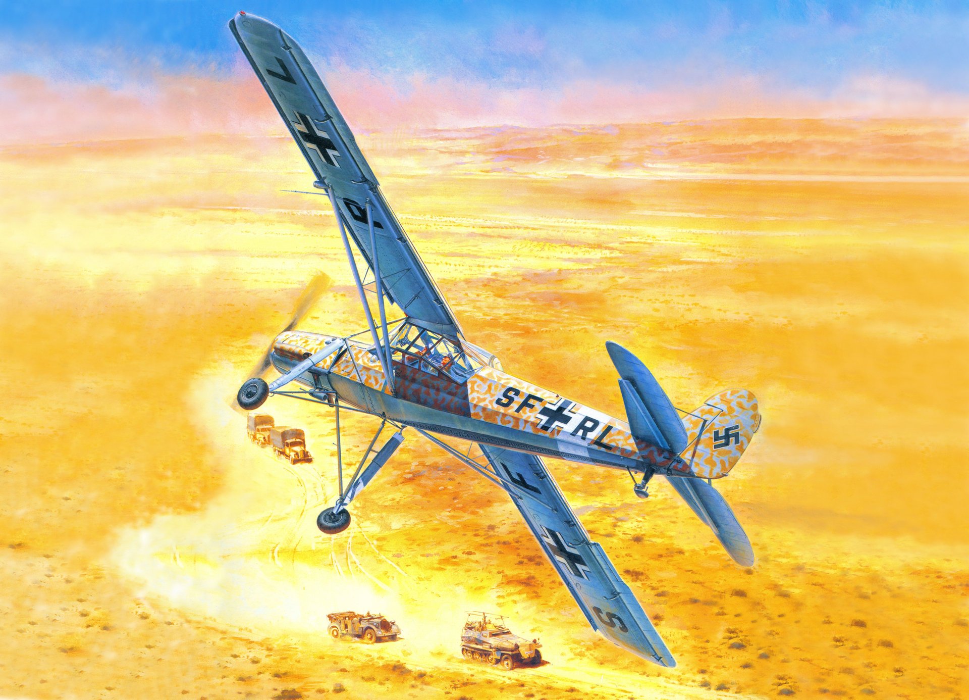 arte africa deserto colonna autoblindo cielo fieseler internet 156 tempesta piccolo tedesco aereo ww2 figura