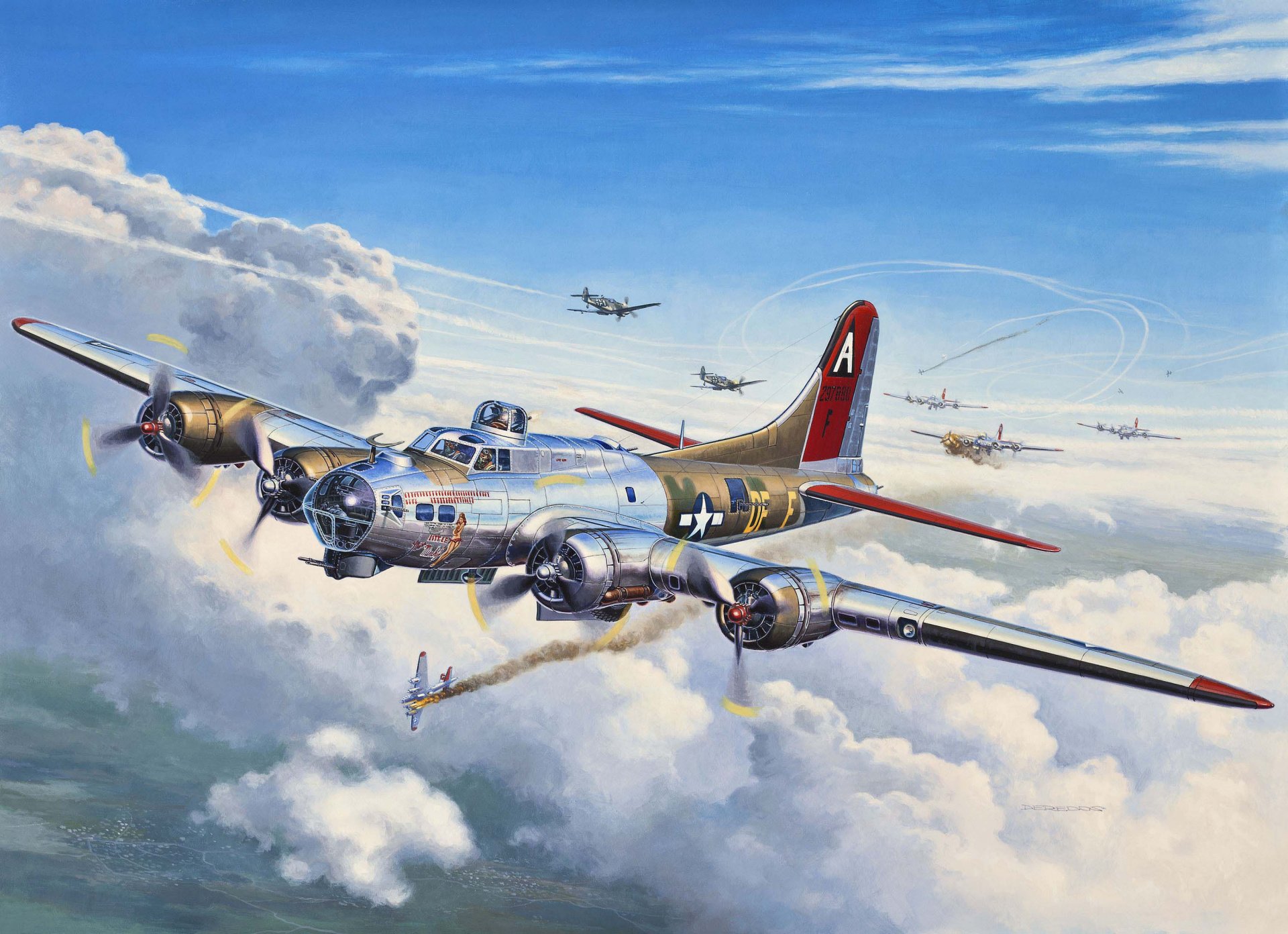 art samolot boeing b-17 latająca forteca latająca forteca amerykański całkowicie metalowy bombowiec załoga 10 osób link bombowce na misji wywiązała się walka z niemieckimi myśliwcami przechwytującymi us air force ww2