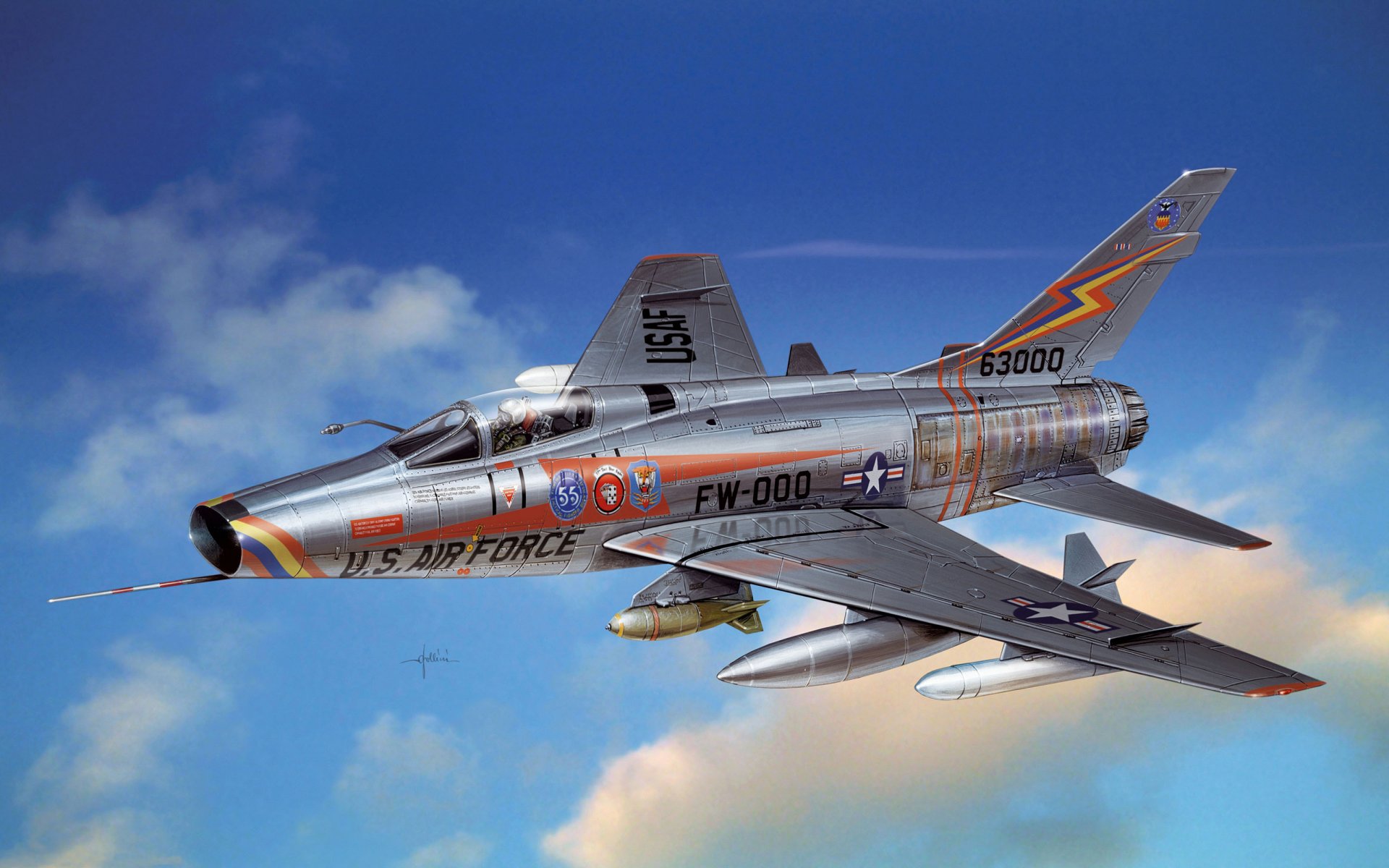 arte avión américa del norte f-100 super sabre americano solo monomotor supersónico caza interceptor bombardero explorador primero en mundo serie fuerza aérea estados unidos