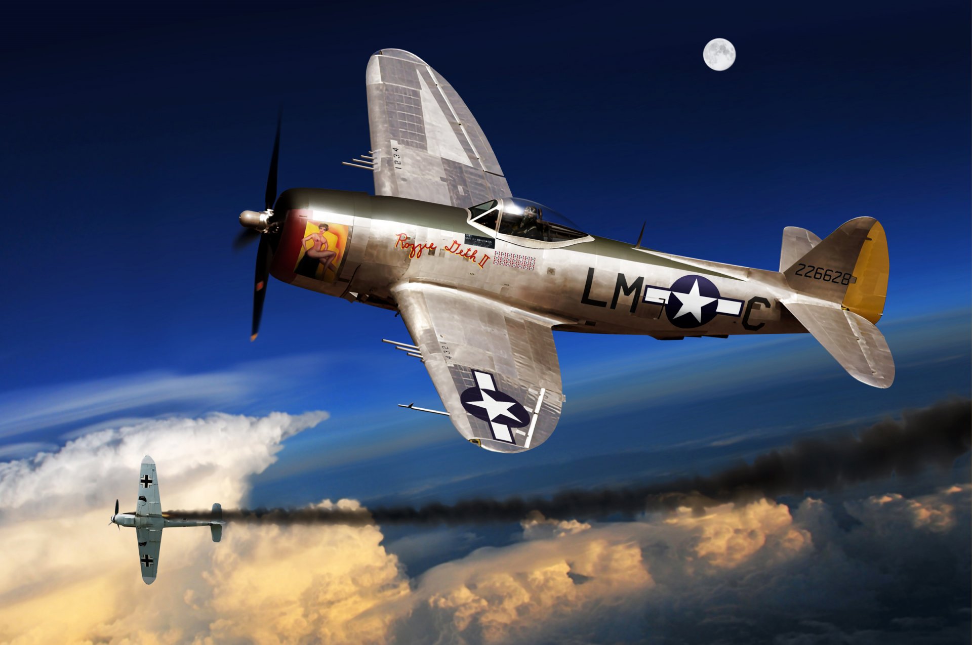 kunst flugzeug p-47 d thunderbolt kämpfer bomber kampf in himmel feind abgeschossen luftwaffe usa ww2