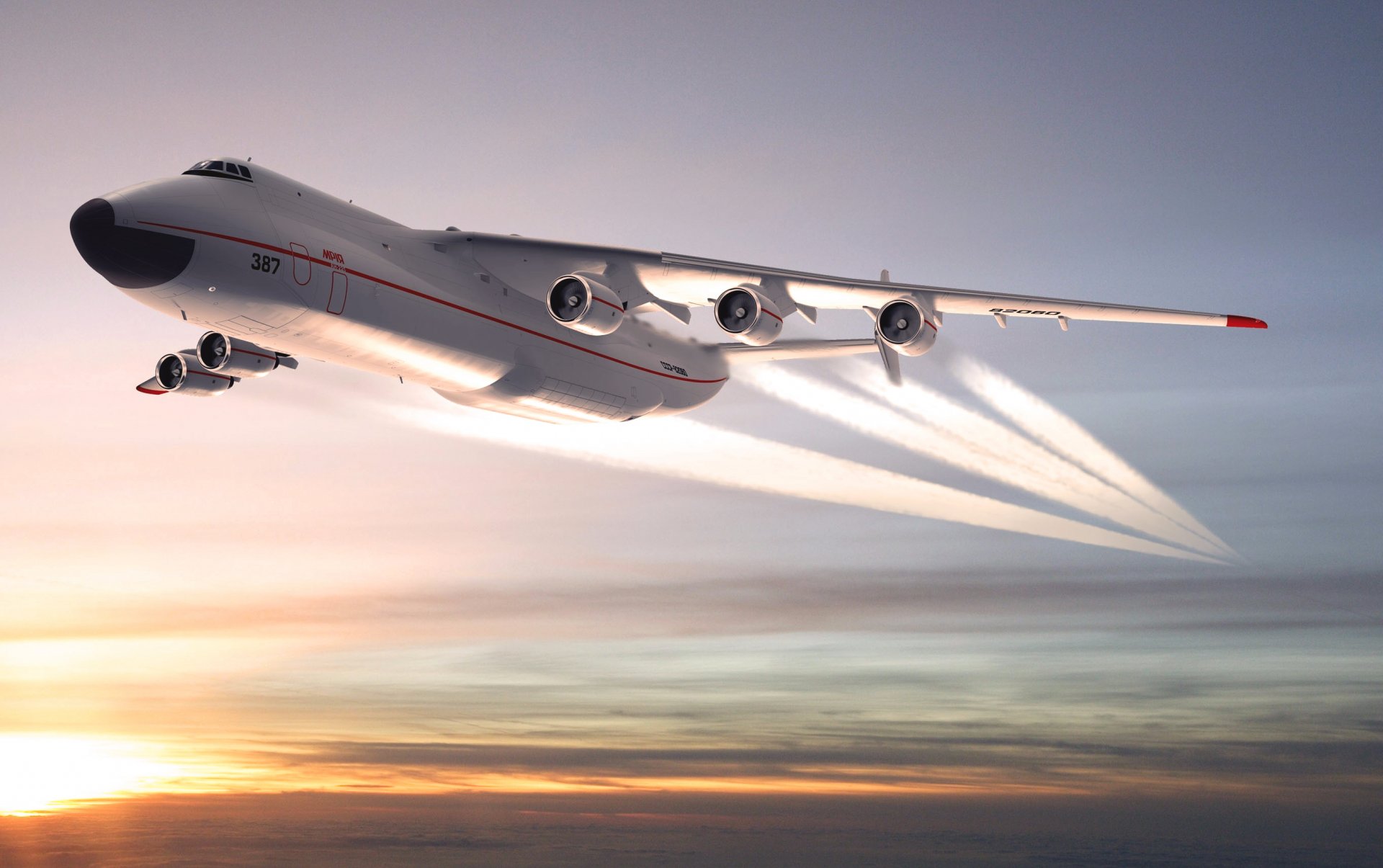 antonov an 225 mriya cossack jet aircraft plane in the air clouds sky soviet union sunset