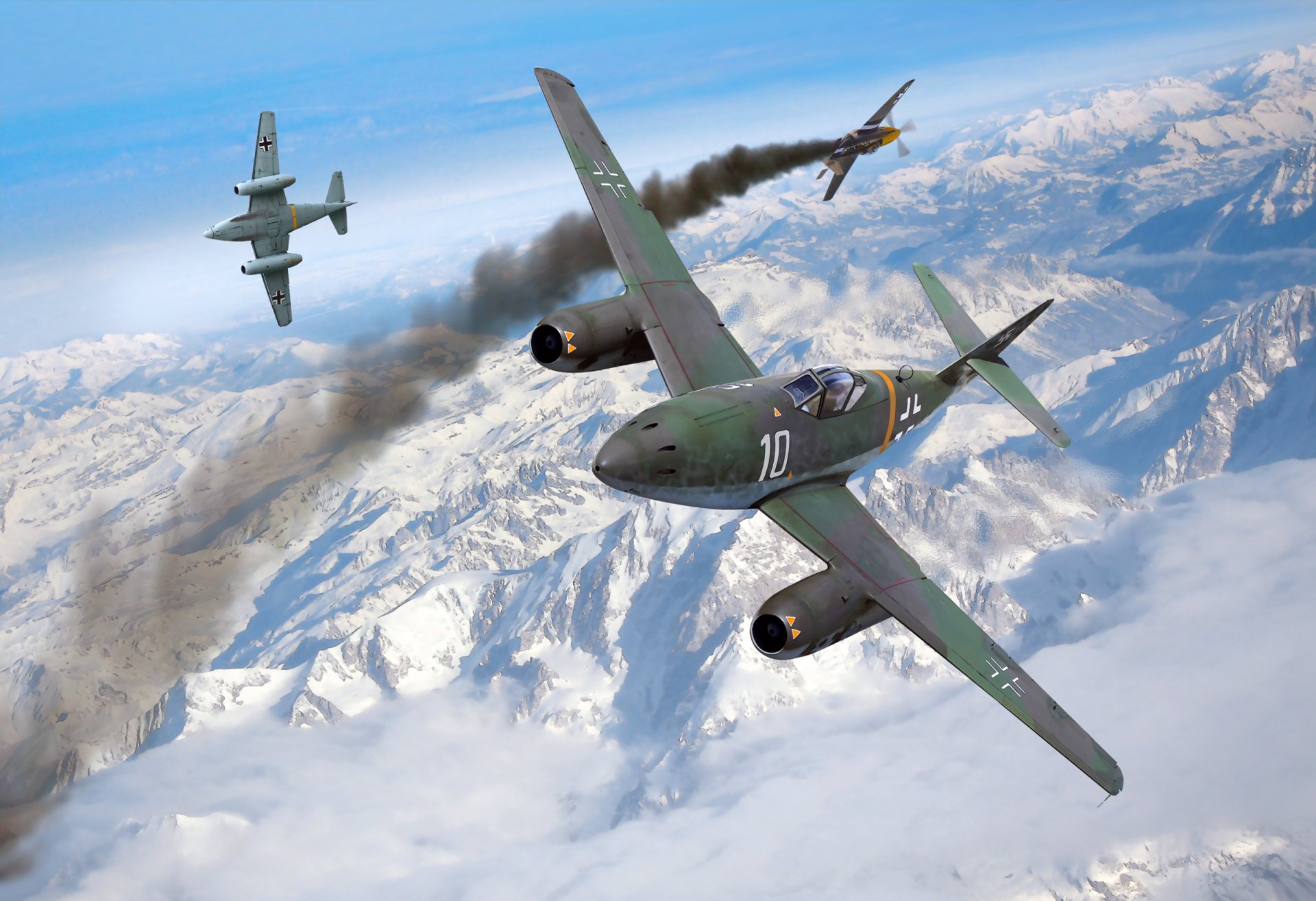 art war air fight messershmity me262 german jet fighters shot down p-51 mustang american fighter mountain snow ww2 picture