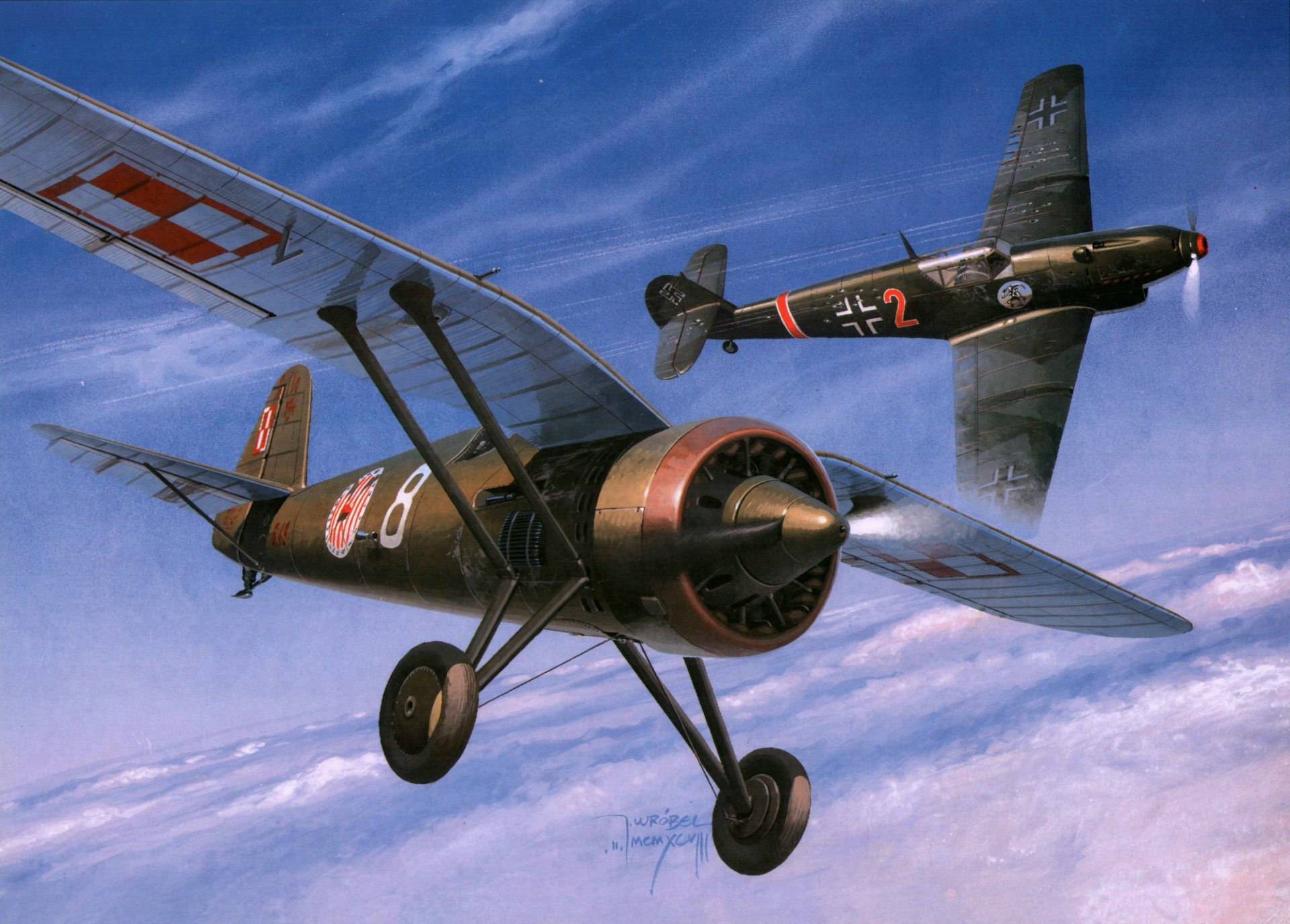 kunst himmel luftkampf pzl p.11 polnisch einmotorig einfliegerkämpfer und messerschmitt bf.109d-1 deutsch kämpfer ww2 abbildung