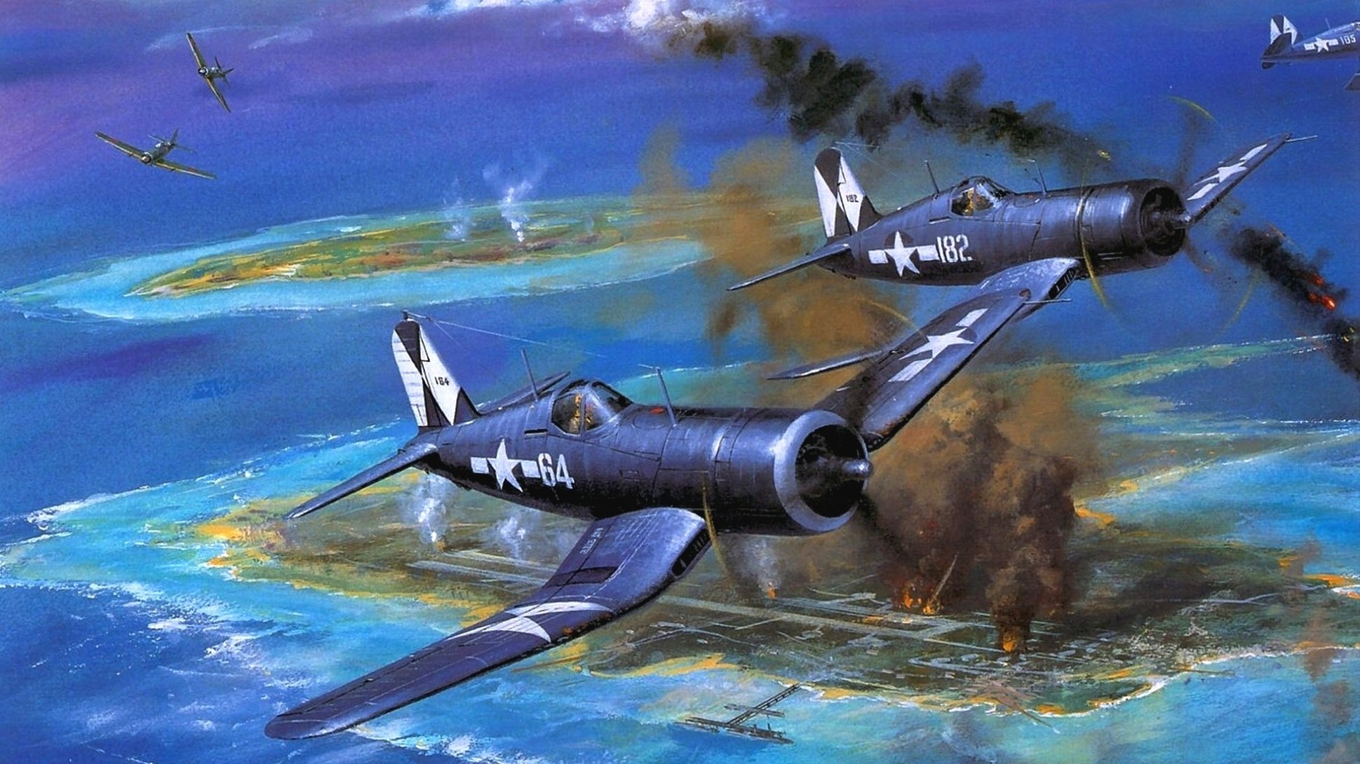 arte cielo f4u corsario americano monoplaza cubierta aviones de combate isla aeródromo fuego humo ww2 figura