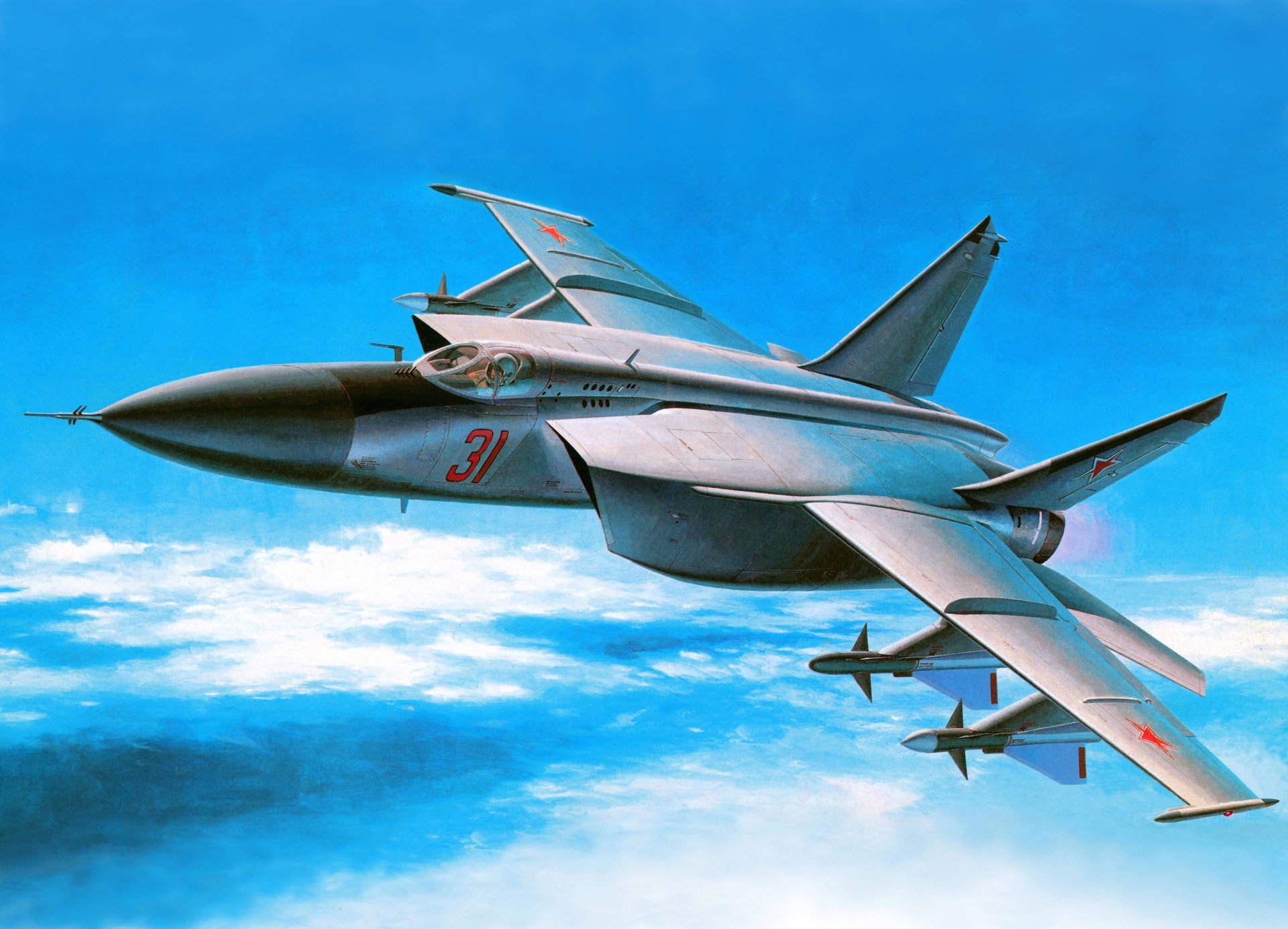 art ciel mig-25 foxbat foxbet soviétique supersonique haute altitude chasseur-intercepteur 3ème génération dessin