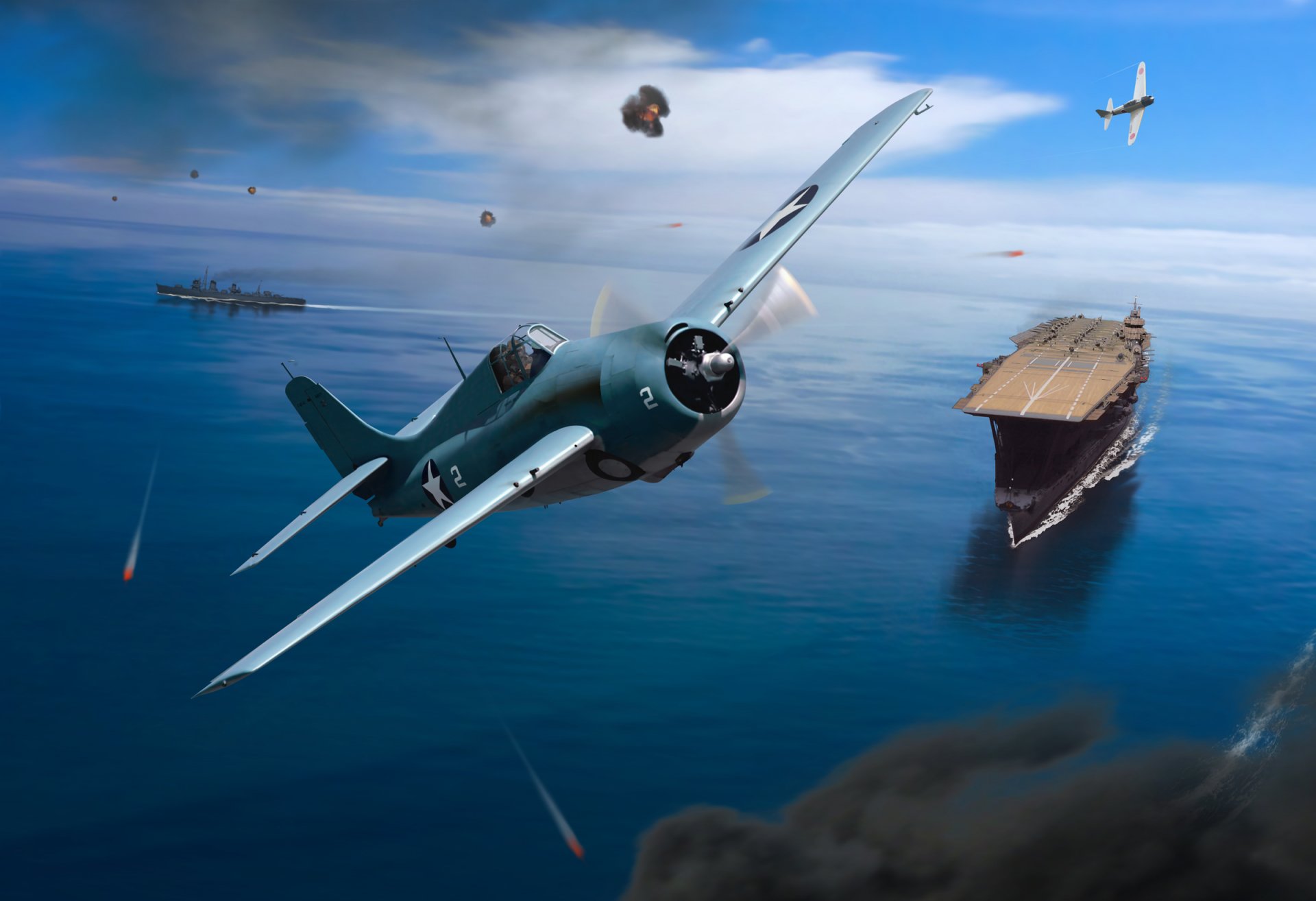 art guerre ciel américain combattant grumman f6f hellcat japonais mitsubishi a6m zéro mer japonais combat navires porte-avions akagi destroyer ww2 figure