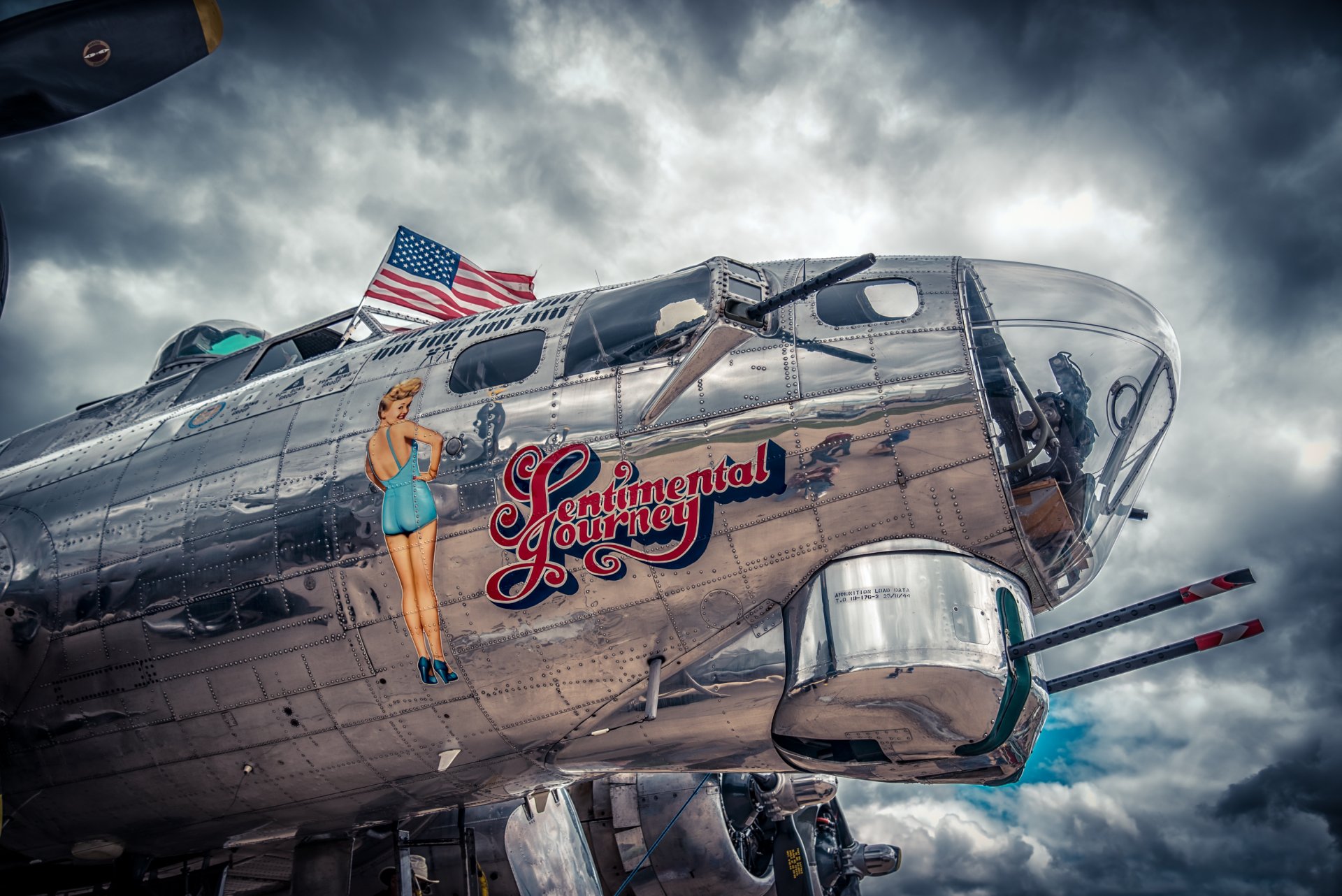 plane metal picture girl clouds sky flag united state