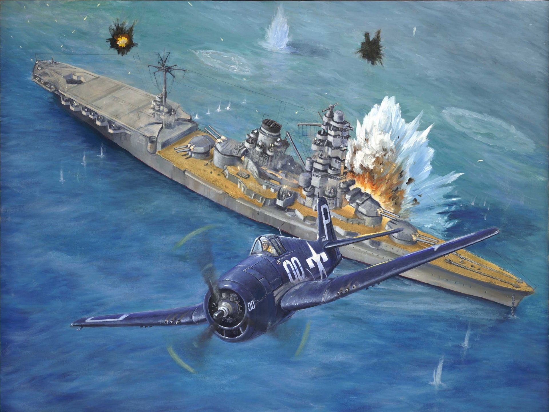 art sea water battleship sky grumman f6f hellcat american fighter attack explosions ww2 picture