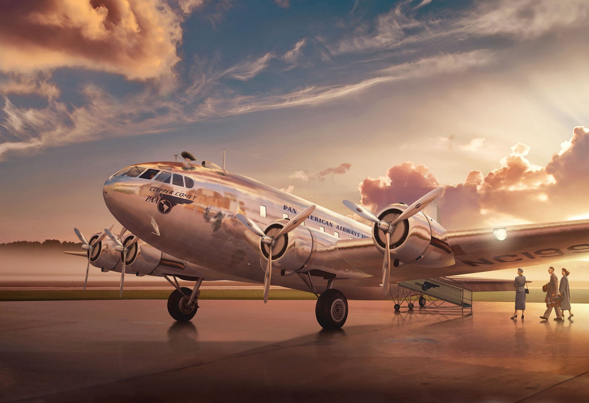 art avion système pan american airways boeing atterrissage passagers pendant pendant de nombreuses années pan am était essentiellement un transporteur national états-unis l un des leaders transatlantique vols artiste ron cole