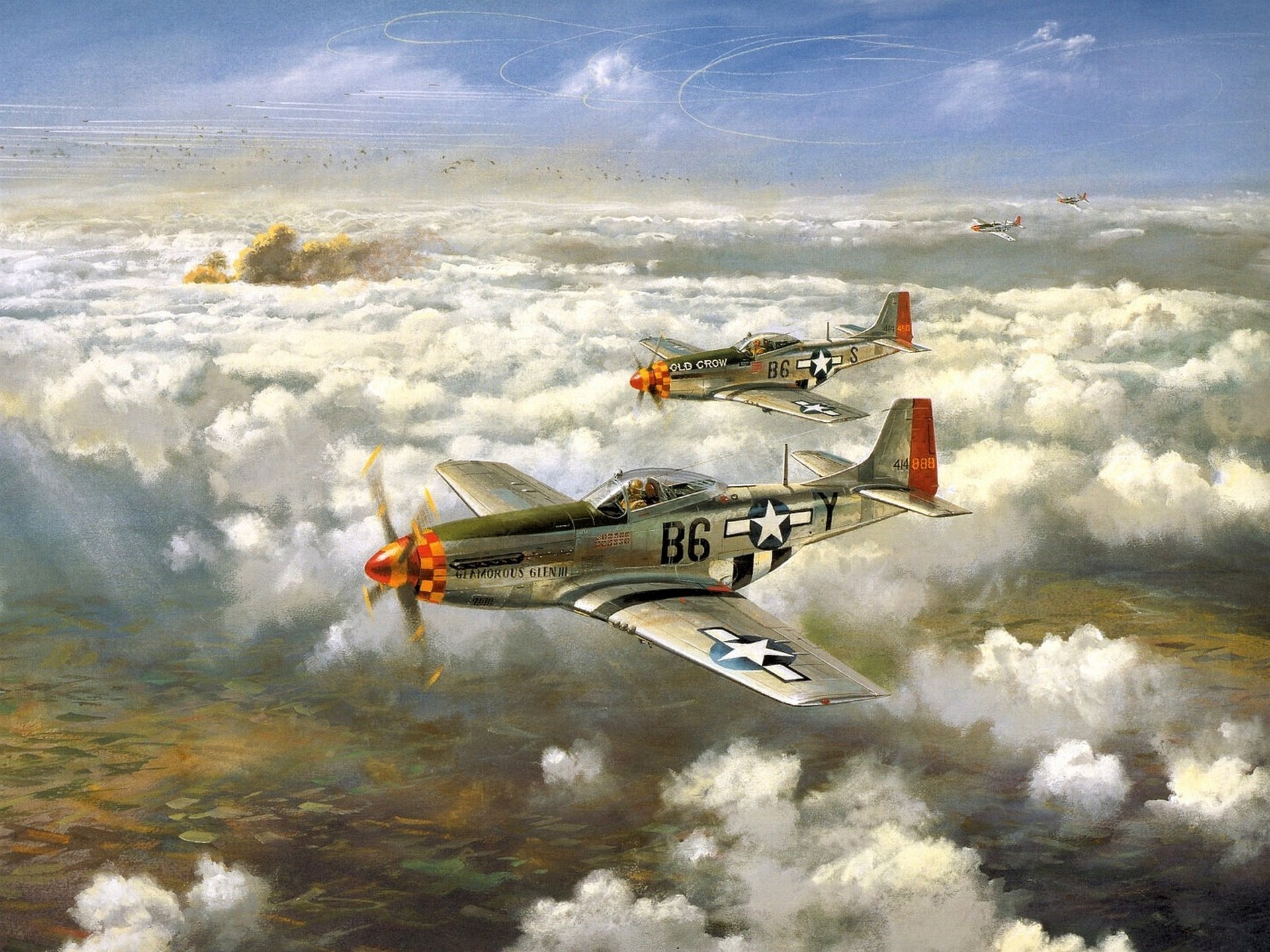 norteamericano p-51d-5 mustang monomotor largo alcance ejército combatientes escolta cielo nubes ww2 figura