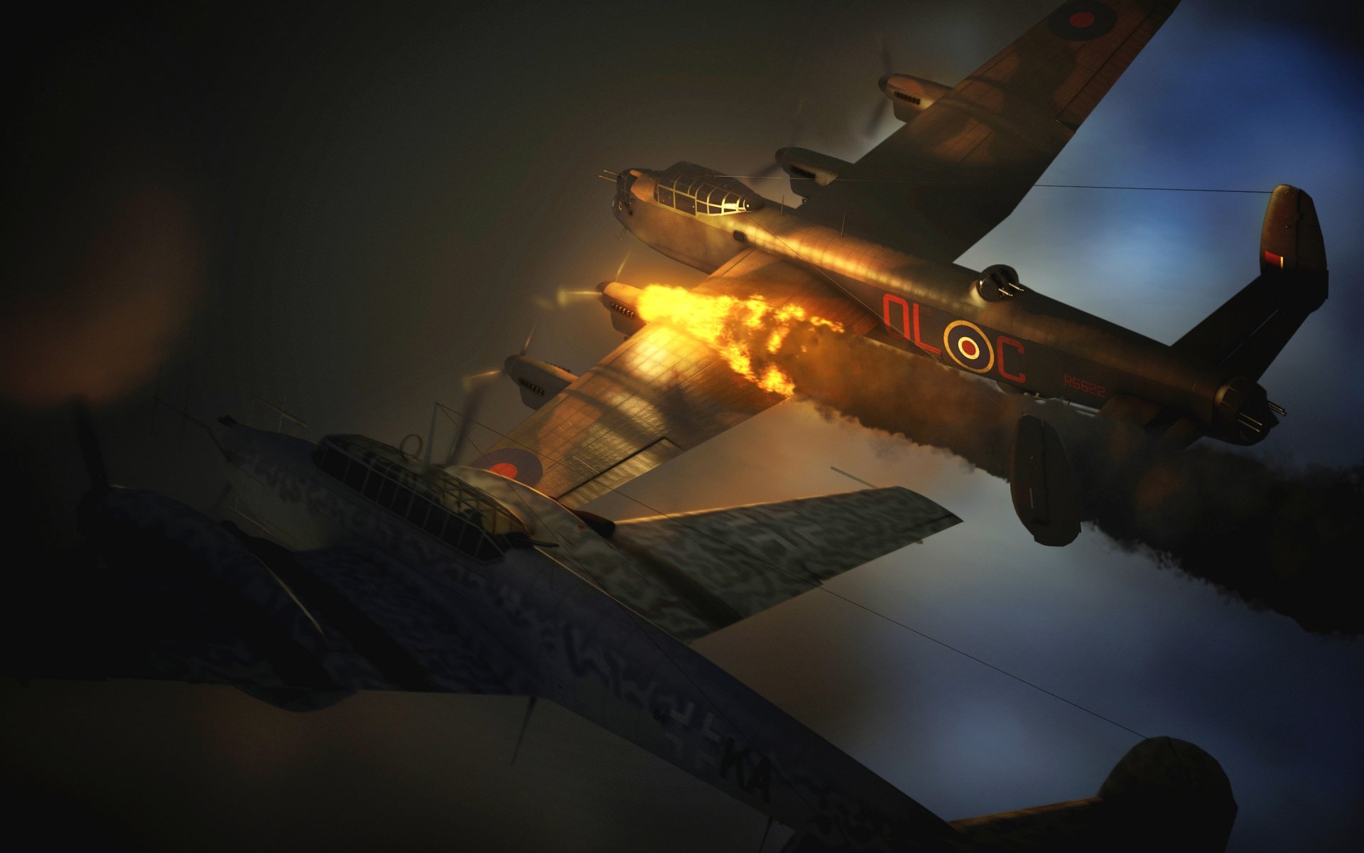 kunst himmel. nacht messerschmitt bf-110 messerschmitt bf.110 deutsch strategisch kämpfer und avro 683 lancaster avro 683 lancaster britisch bomber feuer flamme ww2 grafik 3d