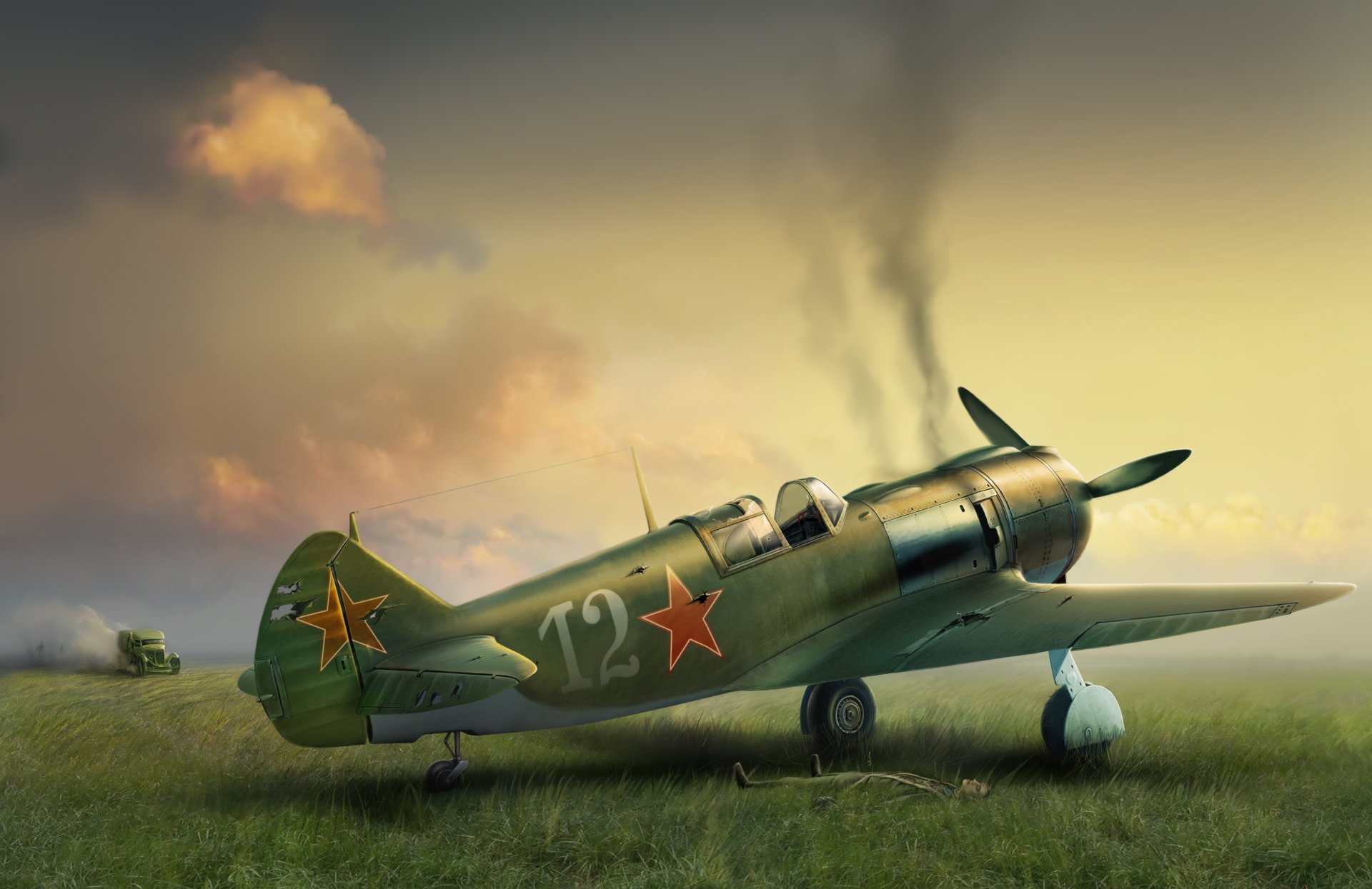 arte guerra campo campo d aviazione aereo la-5 sovietico monomotore combattente danni ritorno dopo la battaglia macchina sanitaria riunok
