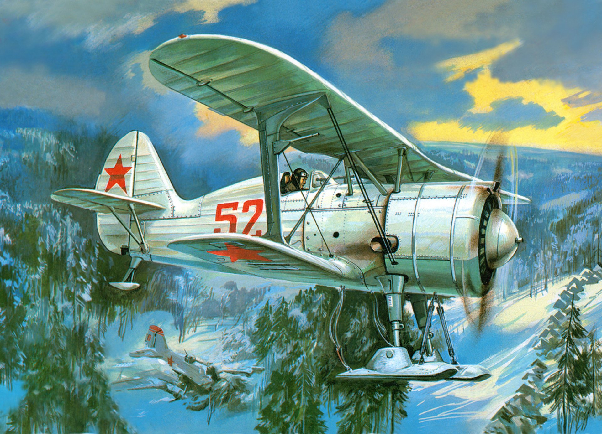 art and-15bis soviet single-engined fighter polutoroplan to skiing sky winter mountain tree fallen plane picture