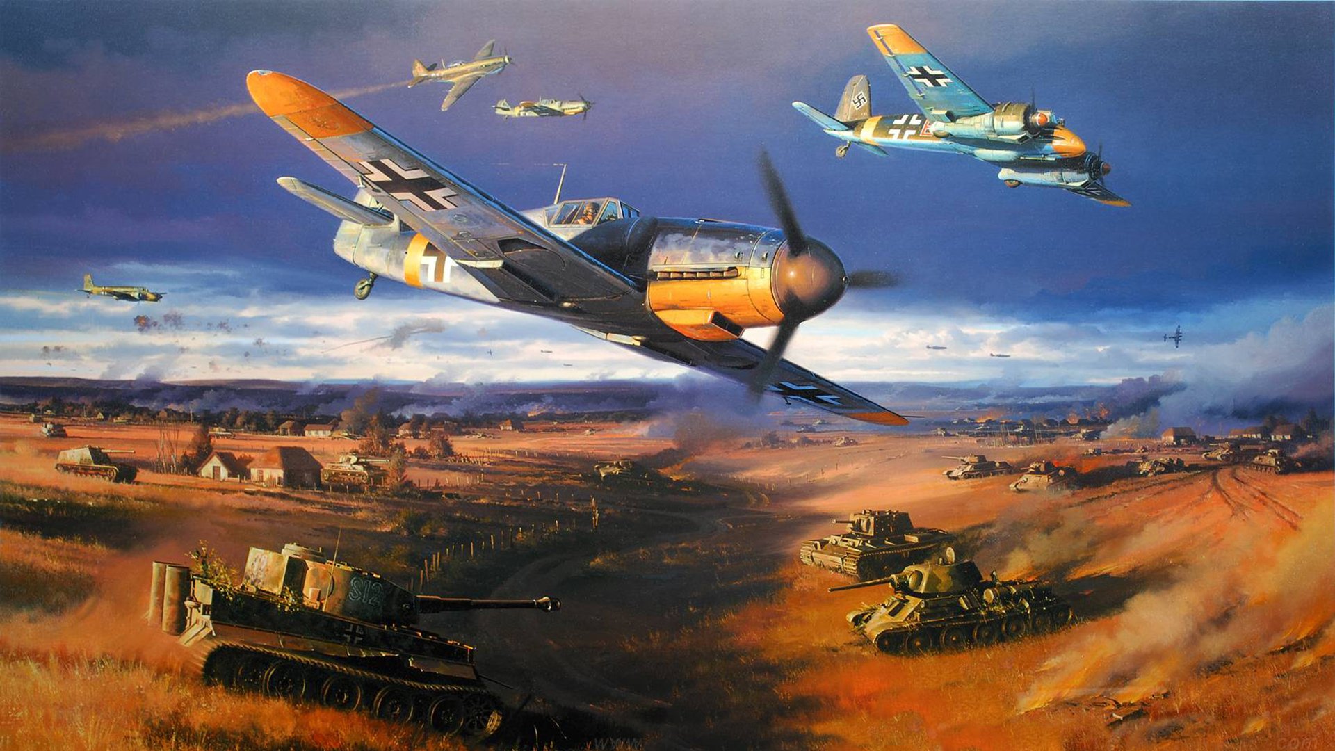 bataille de prokhorovka urss troisième reich nicolas trudgian bf-109 char tigre t-34 kv-1 combattants combat aérien guerre dessin art