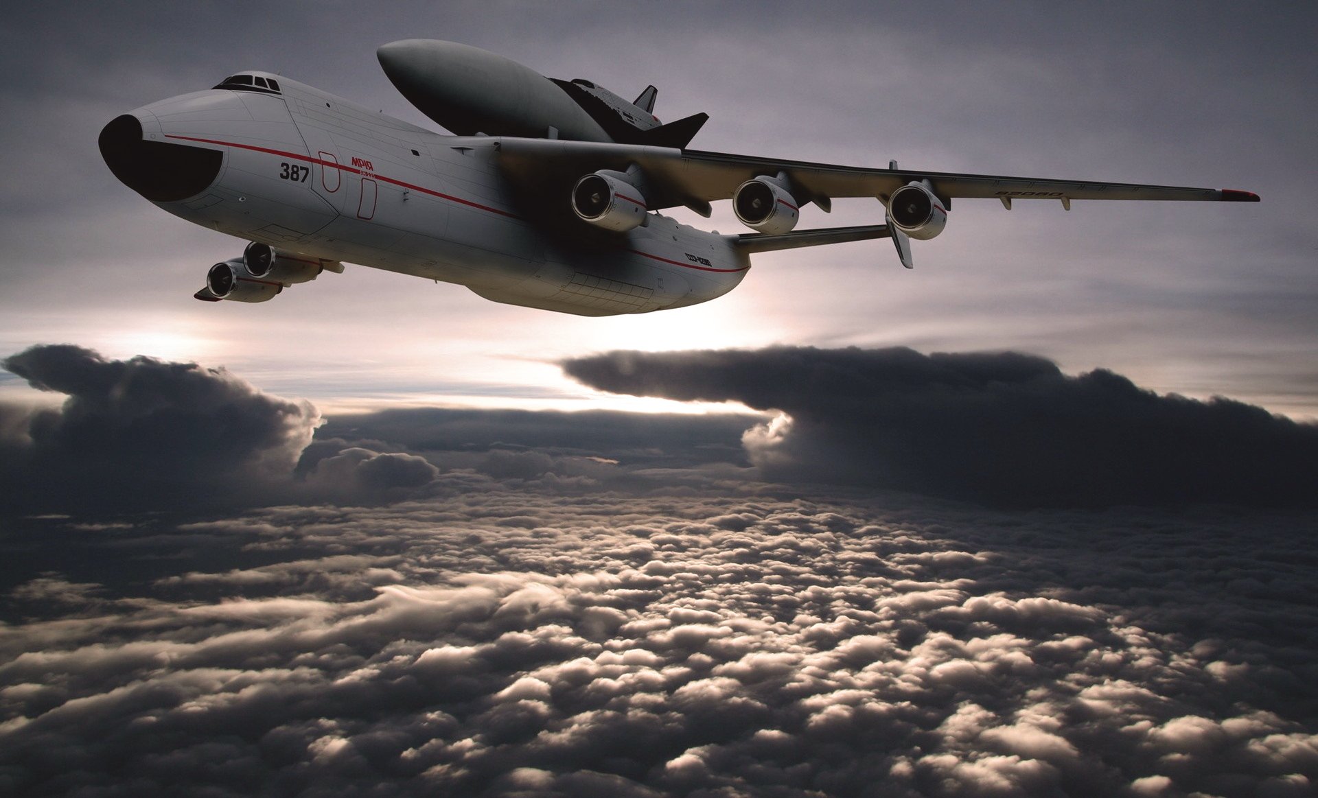 antonov an 225 mriya cosaque avion à réaction avion tempête dans l air nuages ciel urss