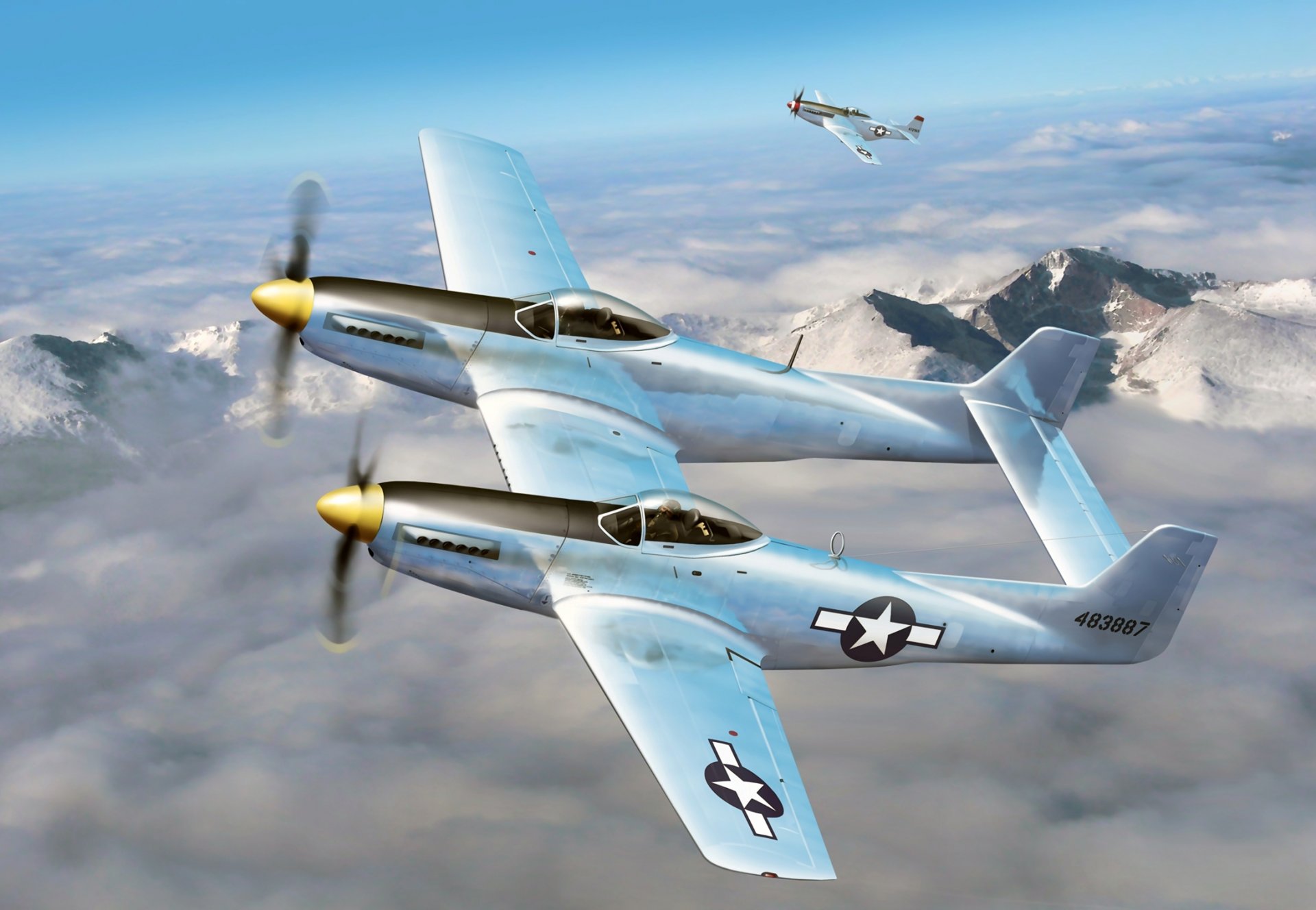 art mustangs f-82 p-51 us multipurpose fighters sky clouds ww2 picture