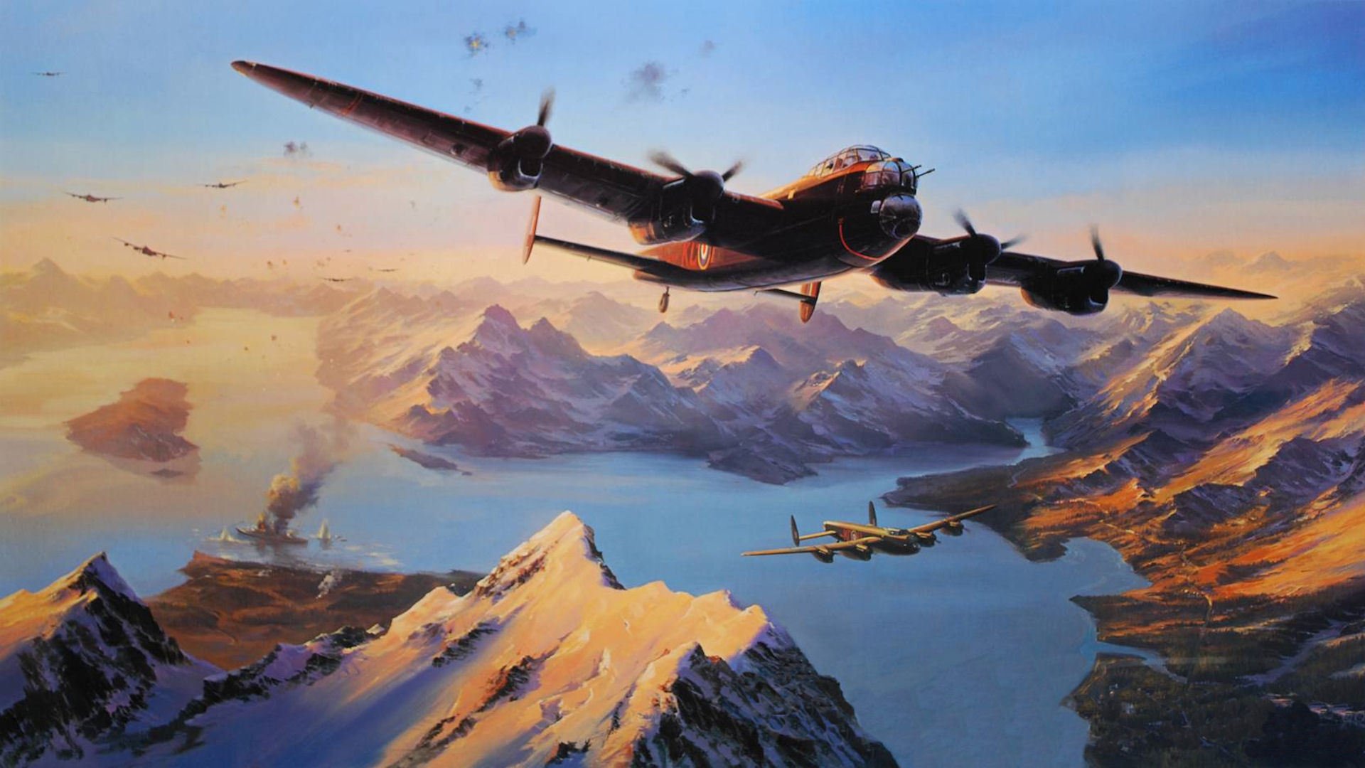 le naufrage de tirpitz seconde guerre mondiale 1944 lancaster bombardiers montagnes navire cuirassé dessin art fumée