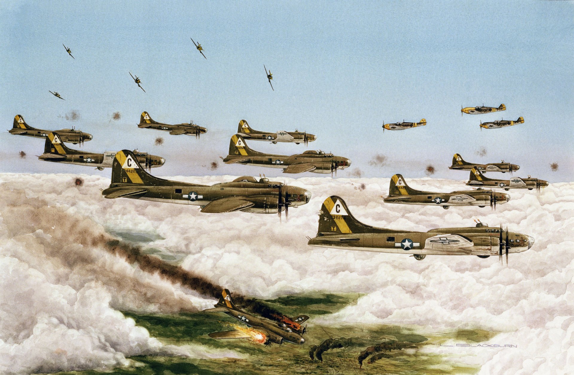 arte cielo b-17 raid di massa sulla città di dresda germania 1945anni di seconda guerra mondiale disegno