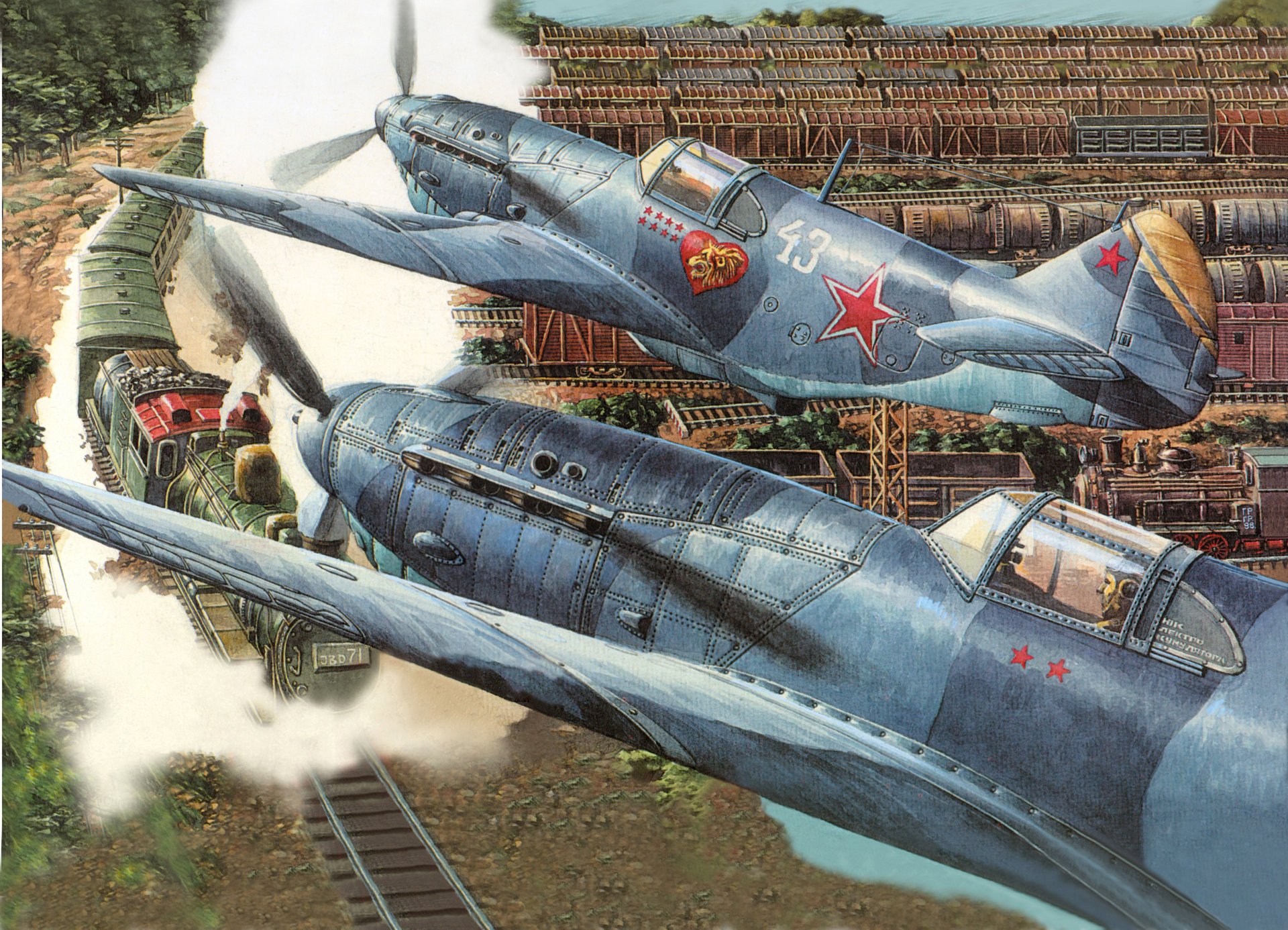 art war train station cars steam engine lagg-3 soviet single single-engine piston fighter