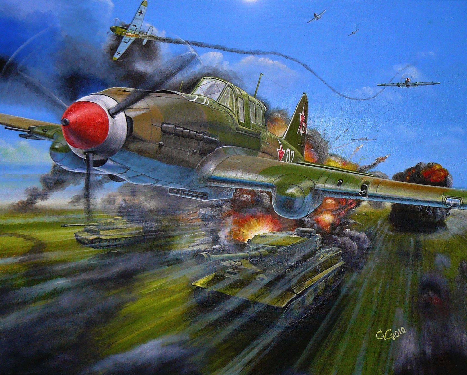 art aircraft il-2 soviet attack aircraft wwii created by in okb-240 under the leadership of S.v.ilyushin the most massive combat history nickname flying tank ussr air force takes part in combat on kursk arc air raid german column ww2