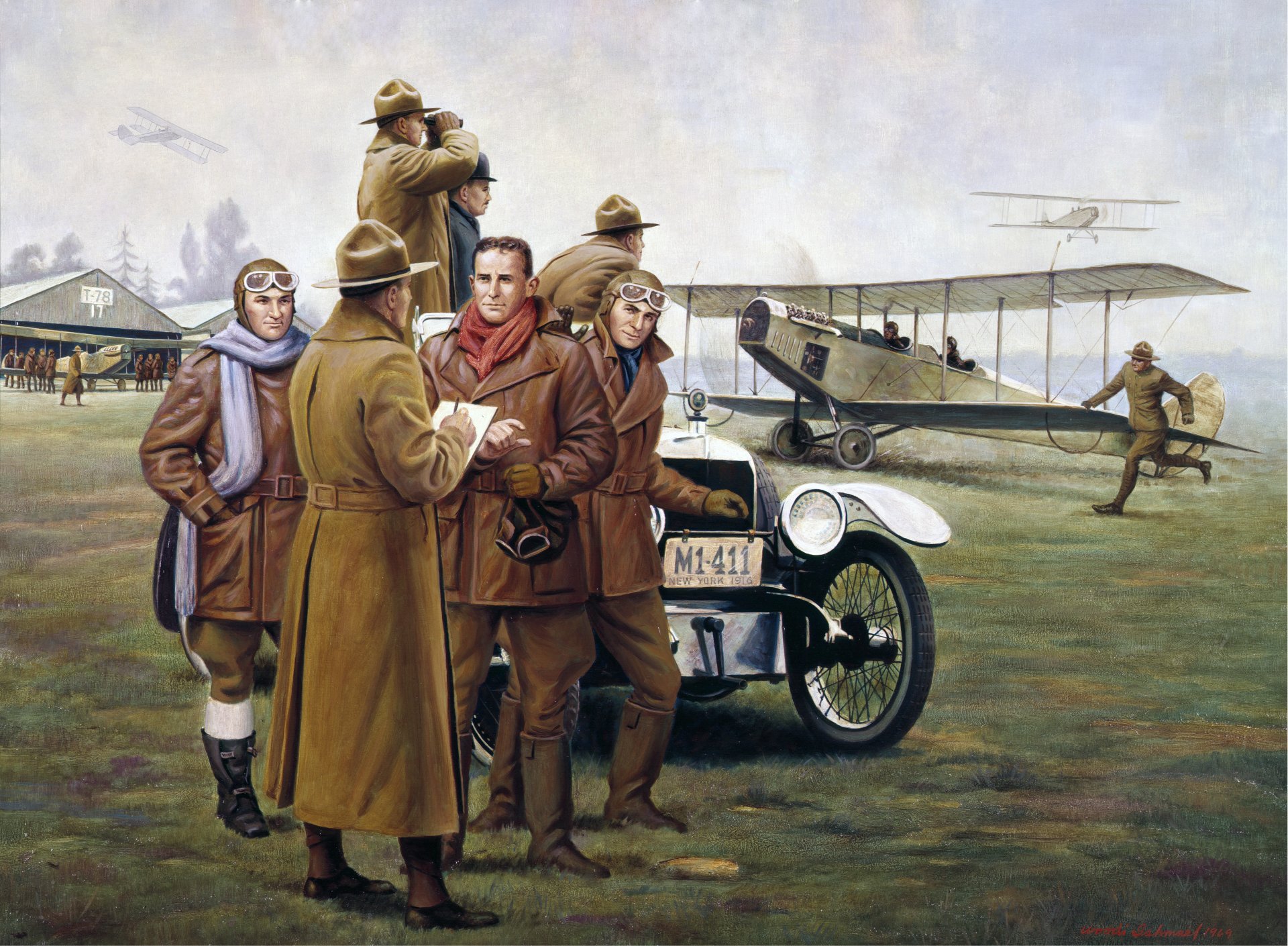 art nowy jork 19 listopada 1916 lotnisko pole lotnicze hangar curtiss jn-4 jenny samoloty szkoleniowe piloci mechanicy samochód rysunek